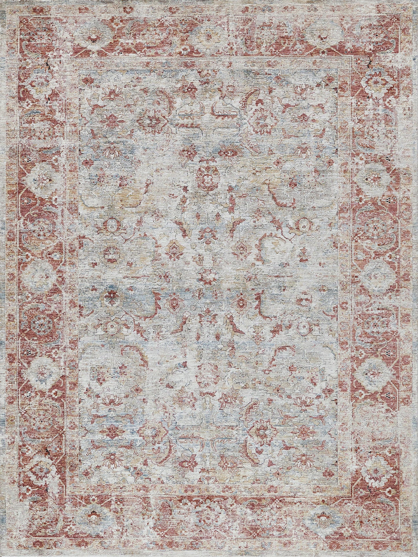 Distressed vintage Persian-style rug with pale blue field and pink-red floral border; rectangular, ideal for living rooms.
