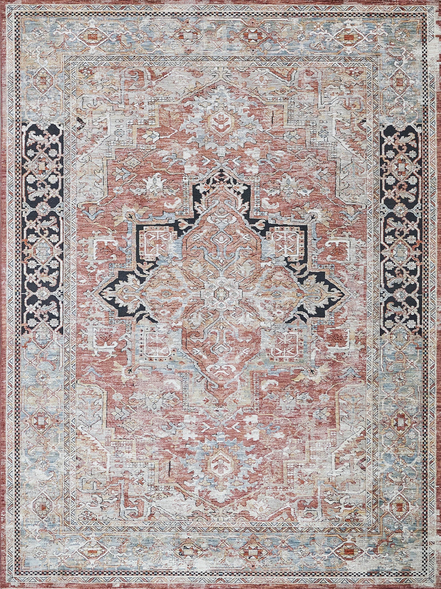 Traditional Oriental rug with dusty pink central field, black-edged medallion, ivory & blue borders, floral motifs.