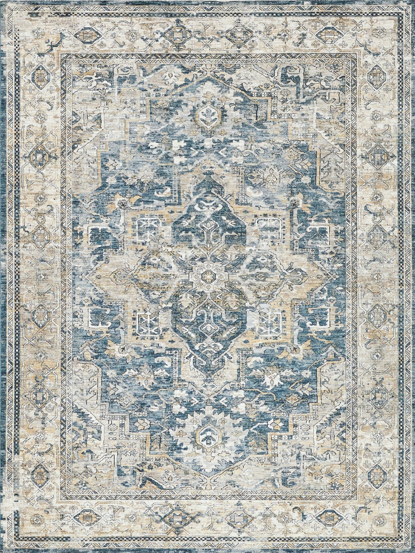 Rectangular oriental area rug in blue & ivory with distressed medallion motif & beige border.
