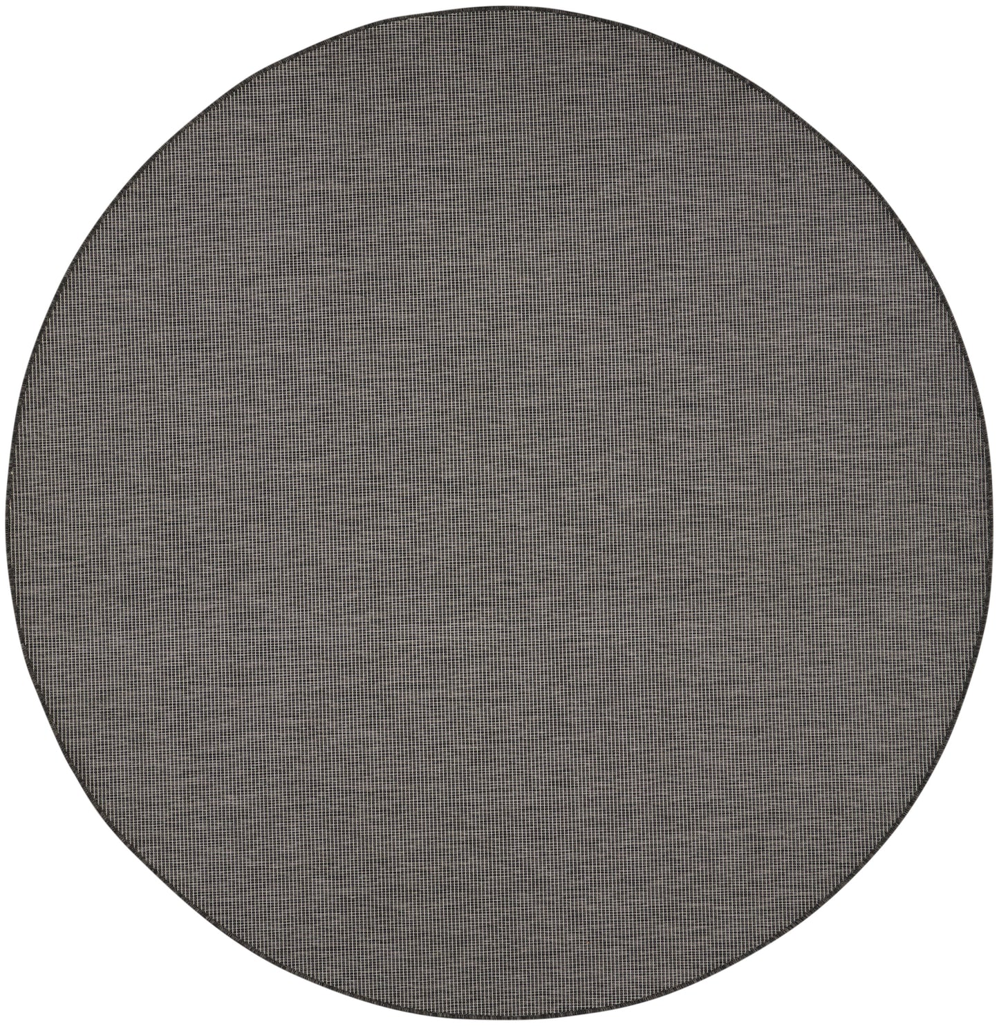 Round grey woven rug with subtle speckled texture, flat-weave style for modern living room decor.