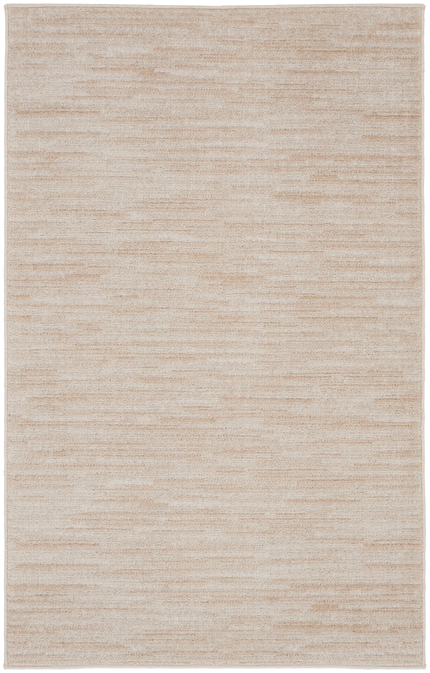 Beige outdoor rug with subtle horizontal banding and a soft woven texture; rectangular and neutral-toned.