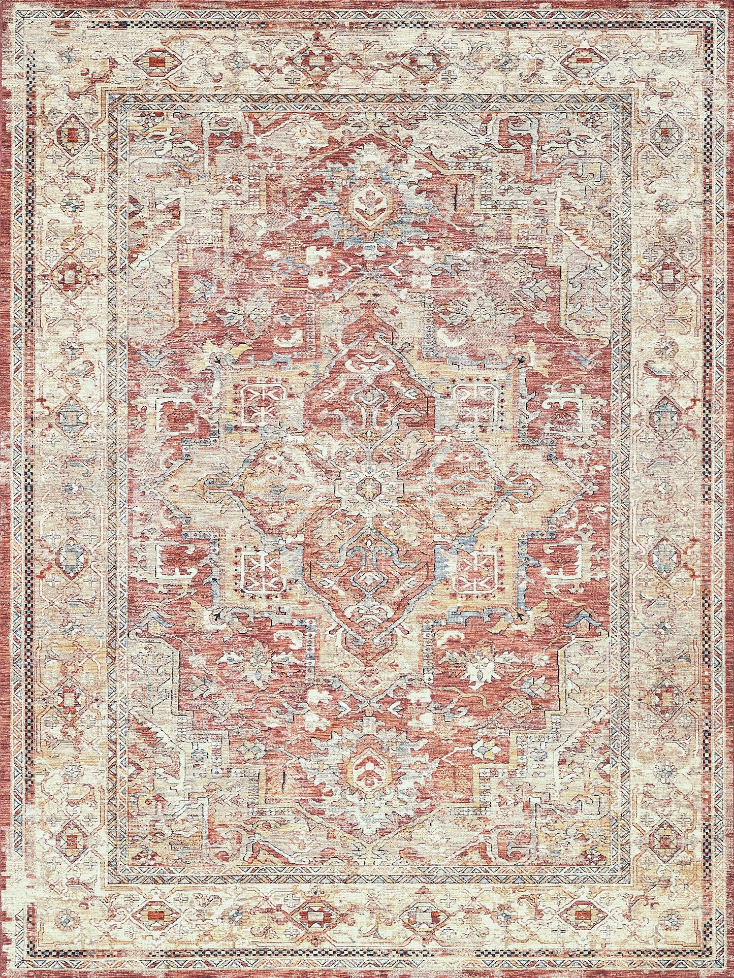 Oriental rug with distressed red and cream tones, central medallion, geometric borders; classic living room floor decor.