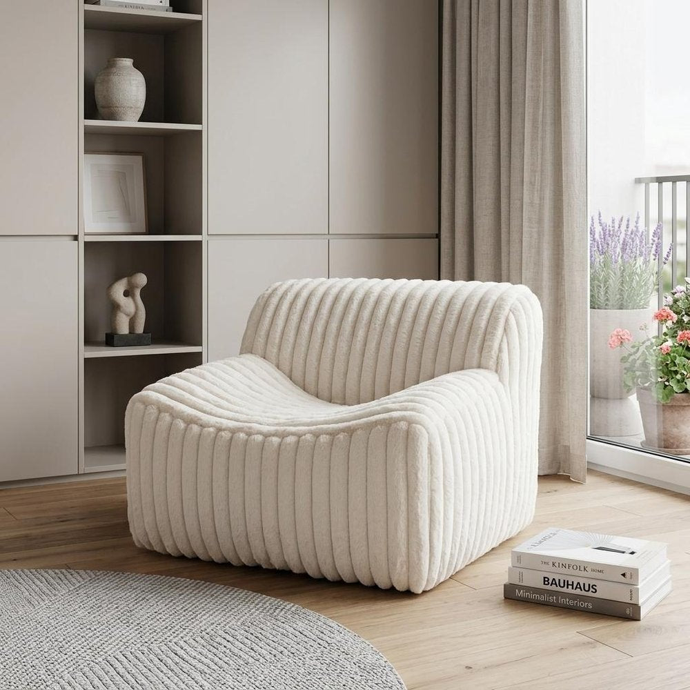 39" Cream Faux Fur And Upholstered Tufted Lounge Chair