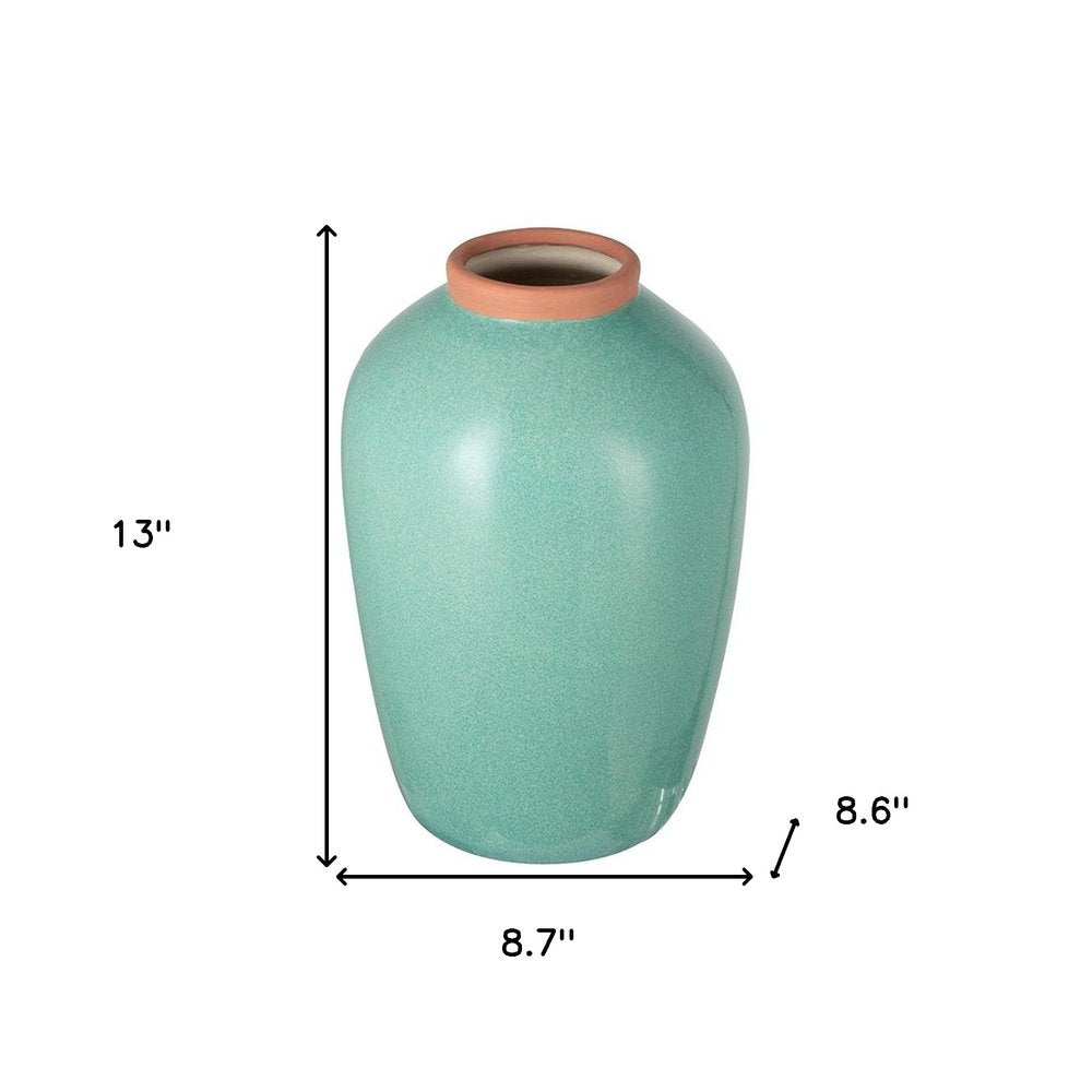 13" Aqua And Terra Cotta Ceramic Round Table Vase