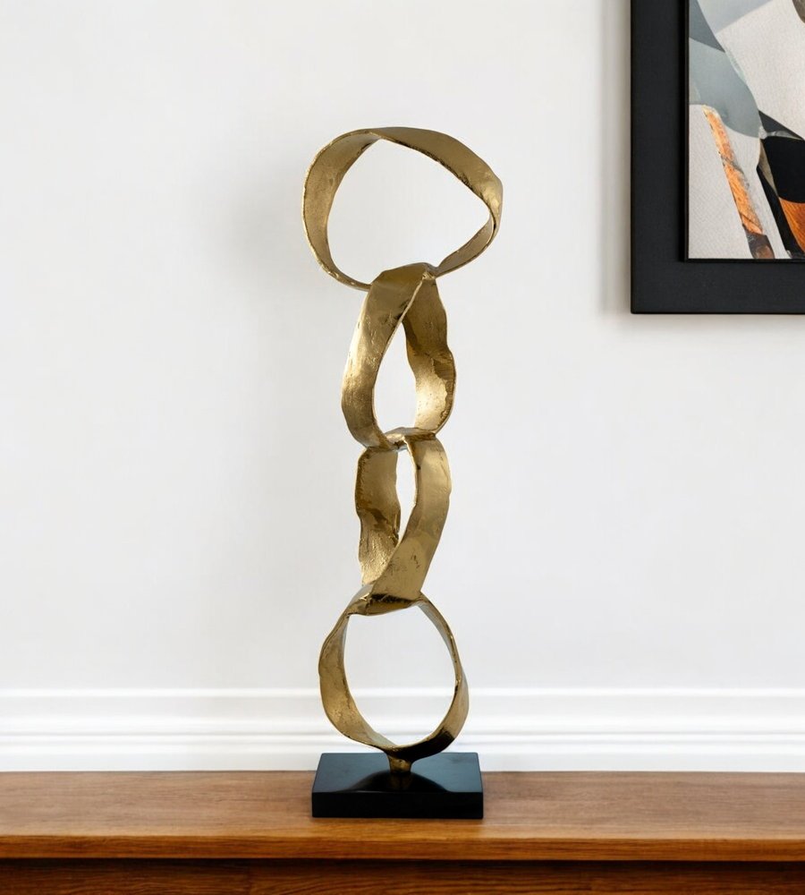 25" Gold and Black Marble and Aluminum Modern Abstract Tabletop Sculpture