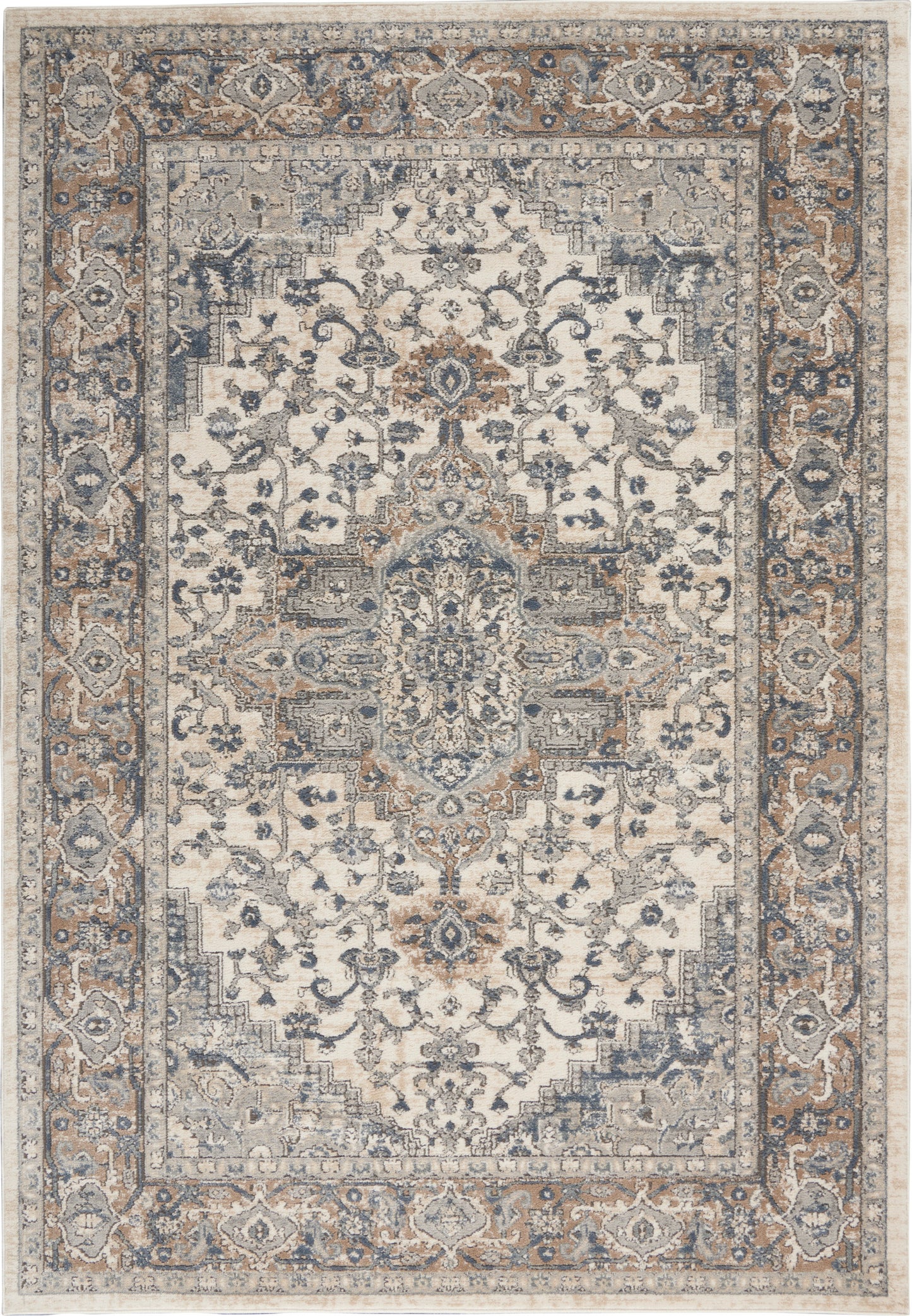 Persian-style ornate area rug with cream field, blue-gray floral medallion & tan border.