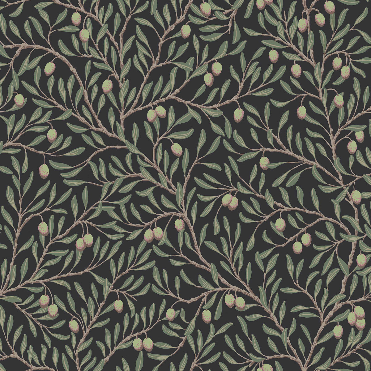 Dark charcoal background with olive branch pattern: green leaves, pale olives, brown stems, botanical wallpaper look.