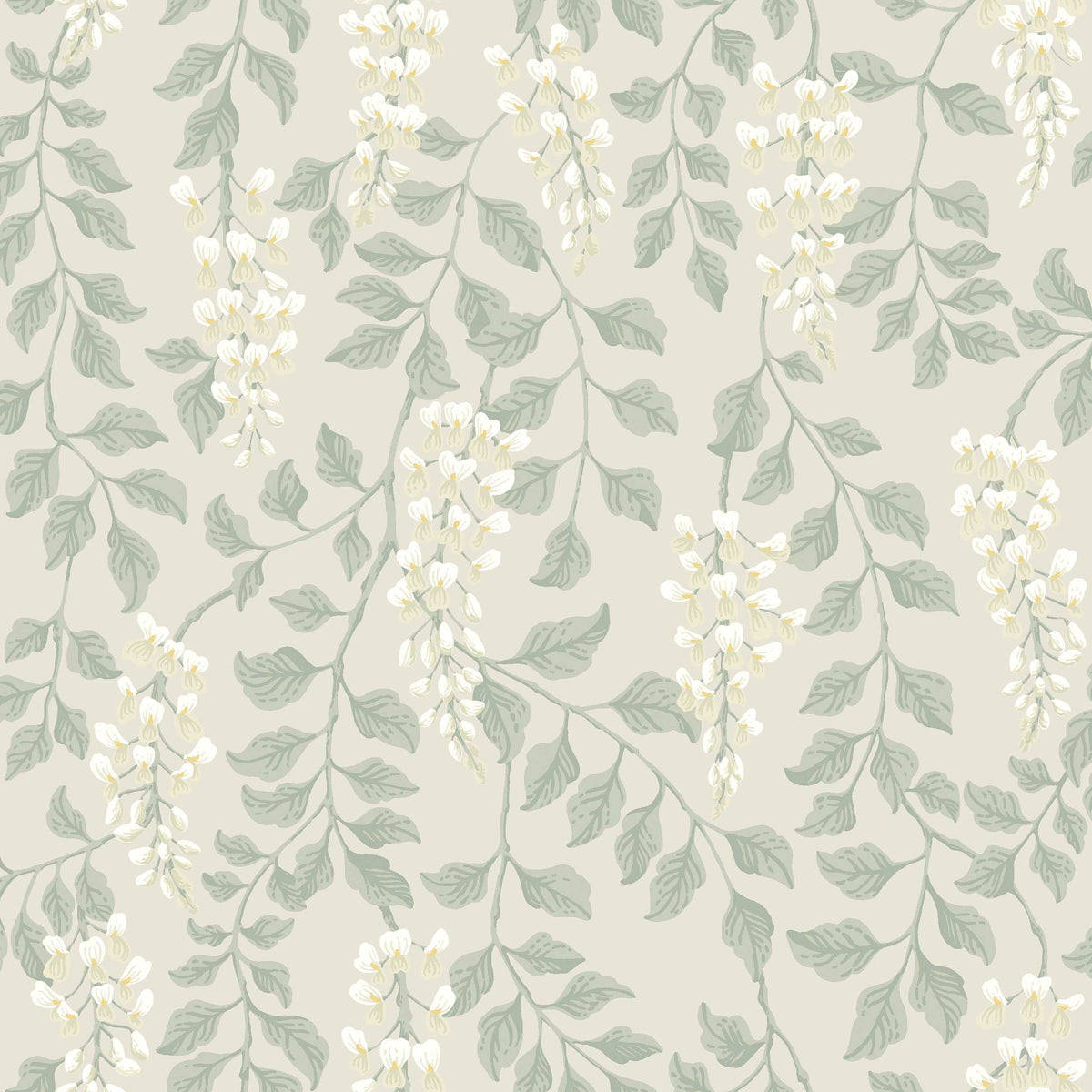 Botanical wallpaper with hanging wisteria-like clusters of pale flowers and sage-green leaves on a beige background.