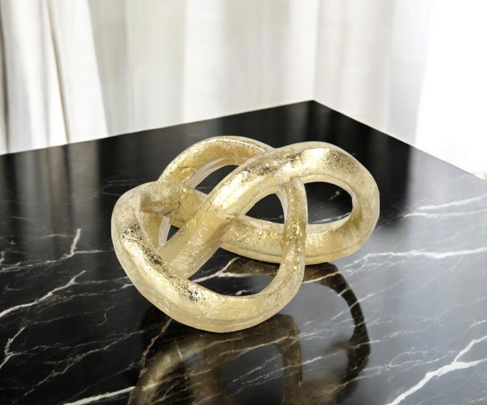 6" Gold Cast Iron Modern Abstract Infinity Knot Tabletop Sculpture