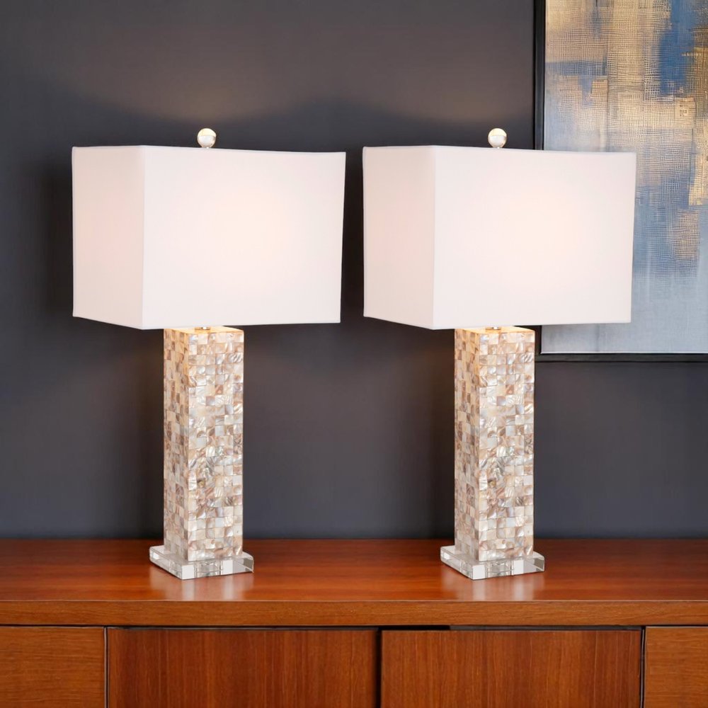 Set of Two 28" Beige Mother Of Pearl Table Lamps With White Shade