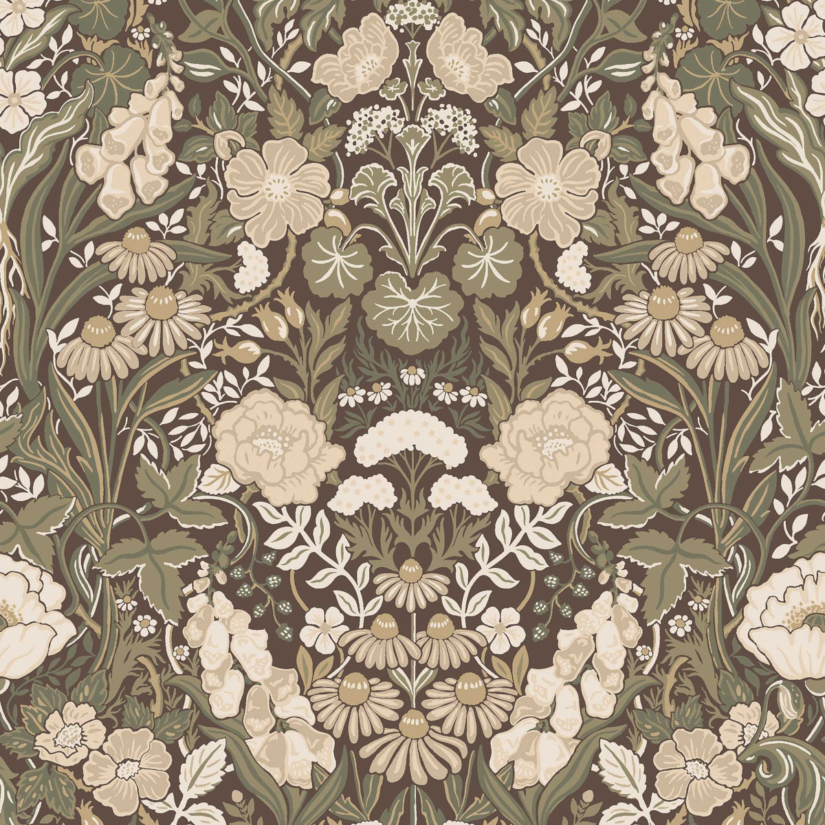 Intricate damask floral wallpaper in ivory and beige with muted green-brown foliage on a warm brown background.