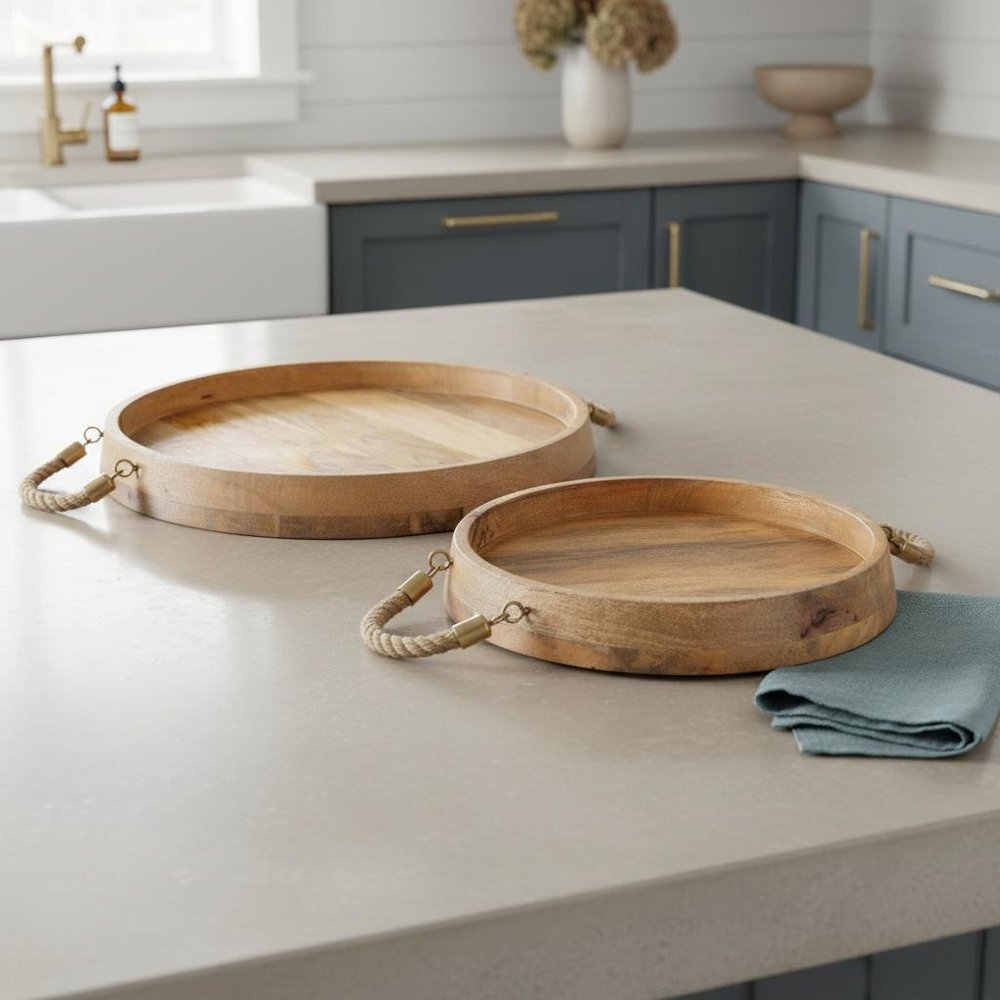 Set of Two Brown Round Solid Wood Serving Trays With Handles