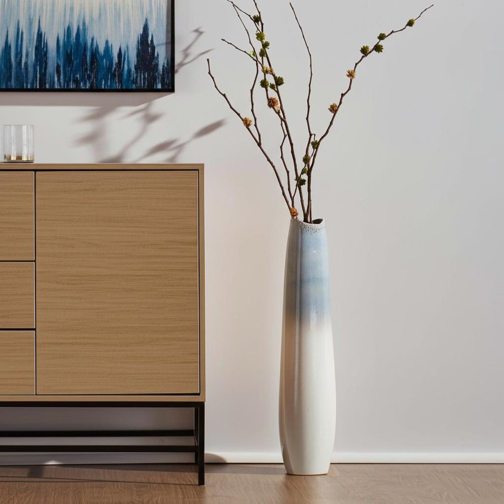 40" Blue And White Ombre Ceramic Floor Vase