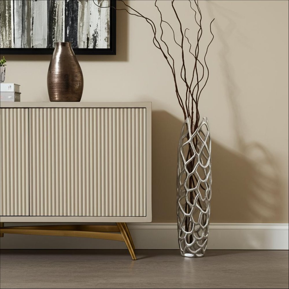 30" Silver Abstract Pierced Cast Aluminum Oval Floor Vase