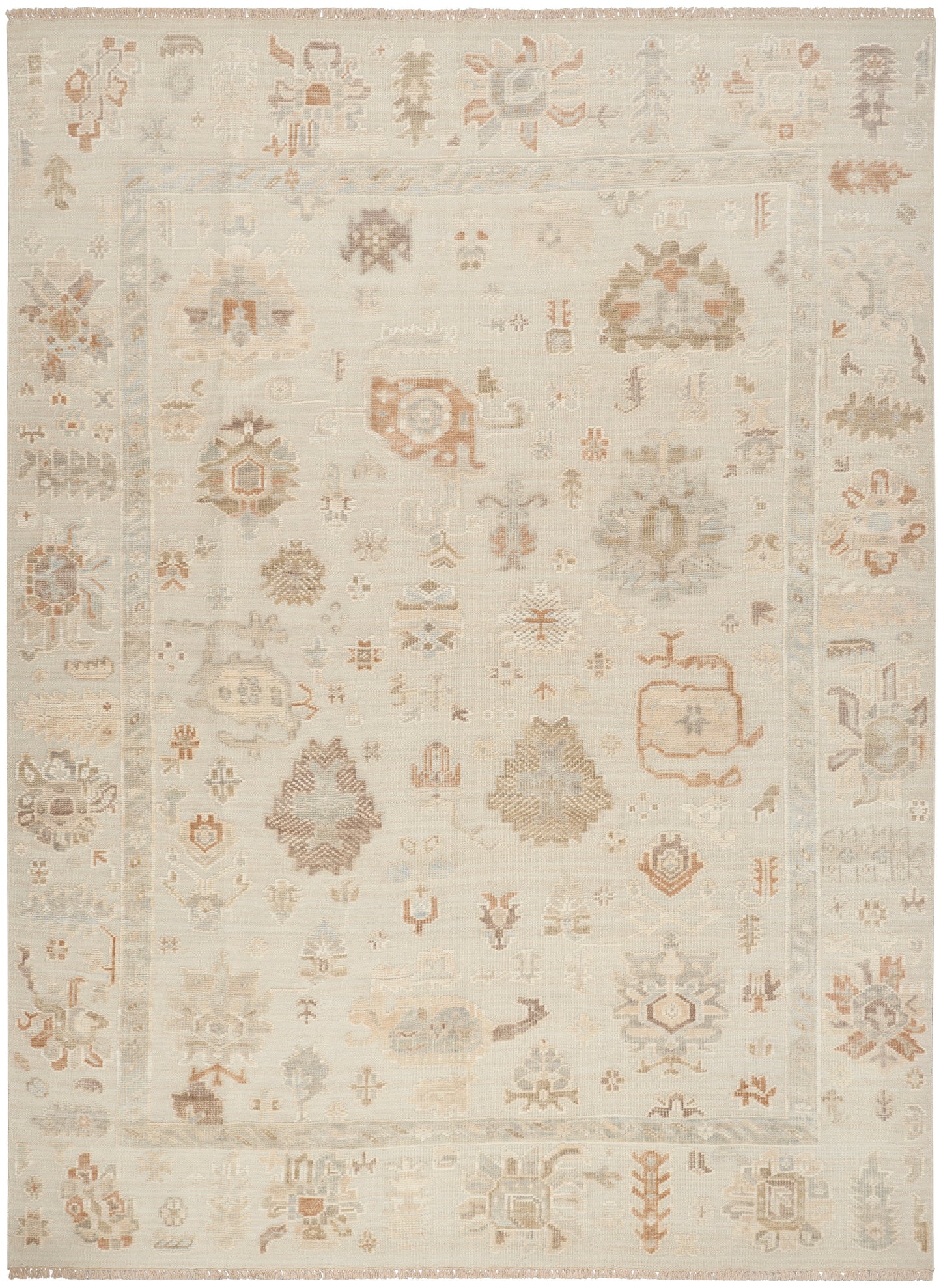 Ivory-toned rectangular oriental rug with soft peach accents, distressed motif patterns and subtle border.