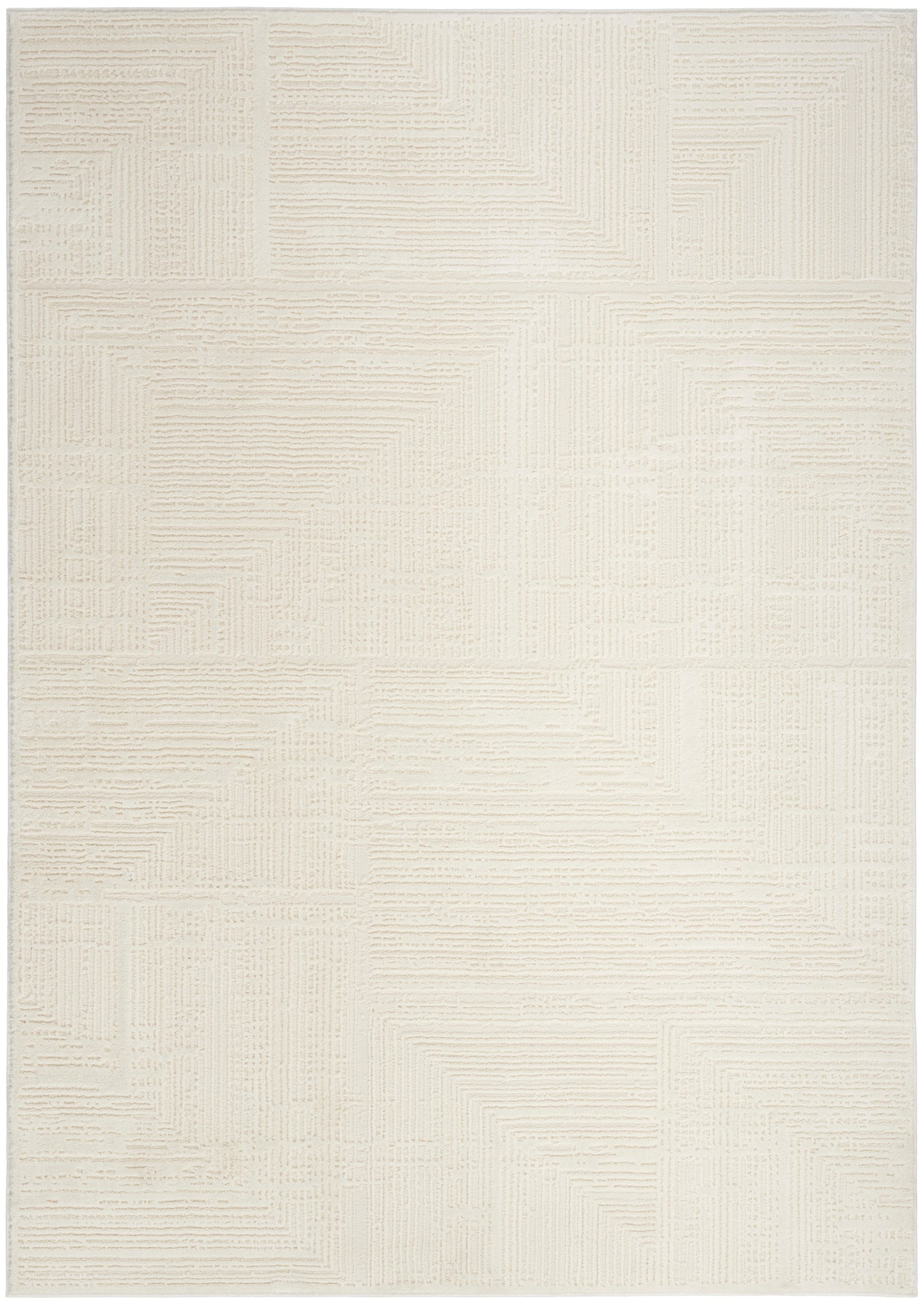 Cream textured rug with subtle geometric patchwork created by raised linear patterns.