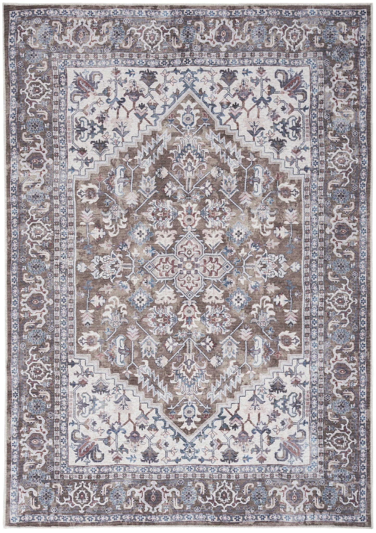 Persian-style area rug with a central brown medallion, ivory and blue floral motifs, and an ornate border.