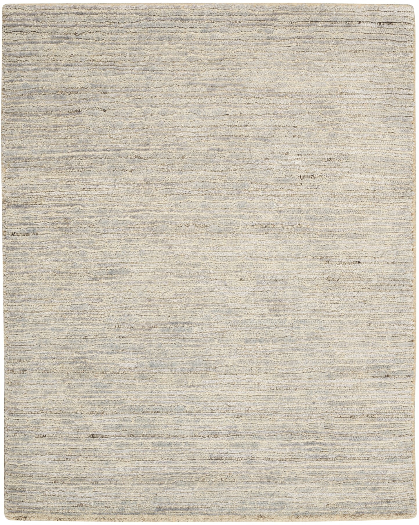 Cream and light gray textured area rug with subtle horizontal stripes and soft, low-pile look.