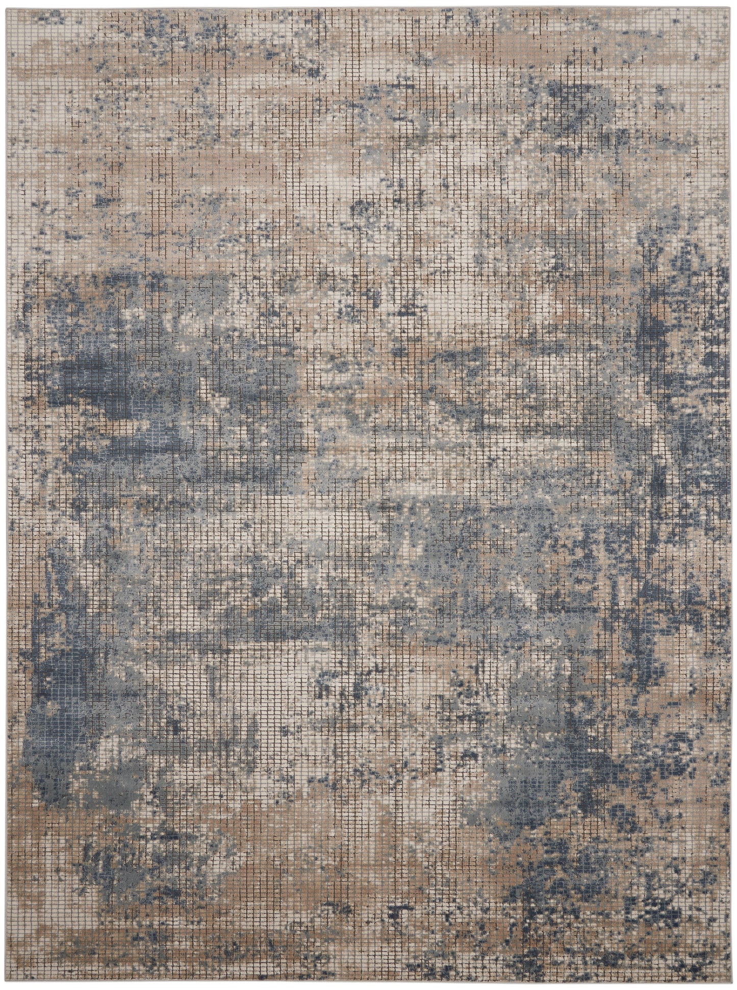 Abstract distressed rug in beige and blue-gray tones with a vintage washed pattern.