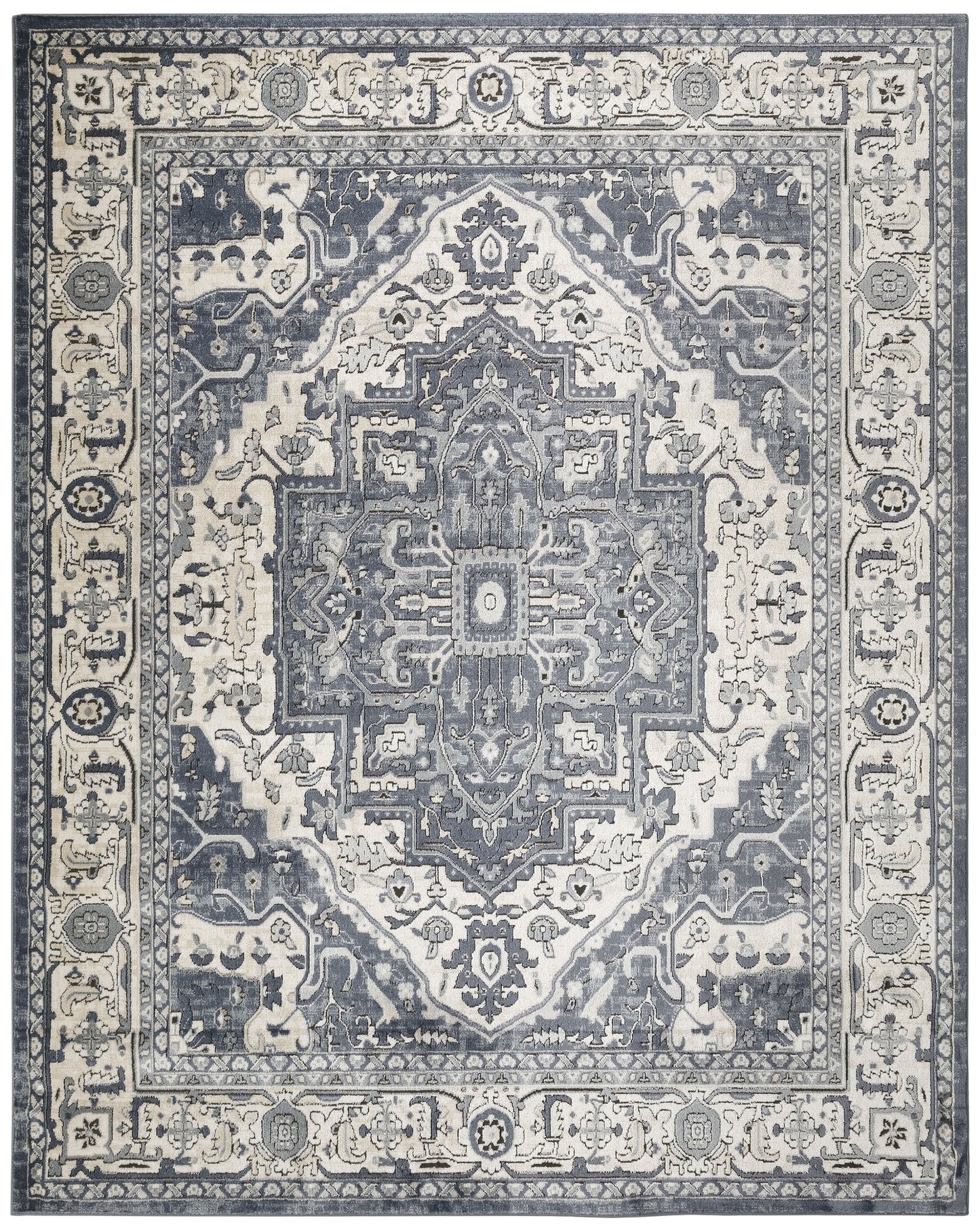 Rectangular blue-gray and ivory Persian-style oriental rug with central medallion and ornate floral border