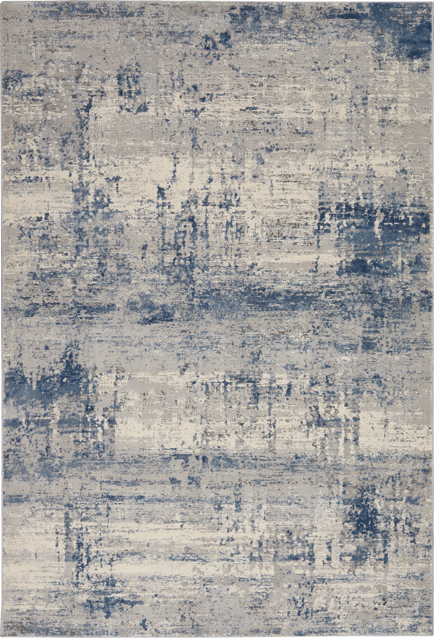 Abstract blue and beige distressed area rug with painterly pattern, modern living space decor.