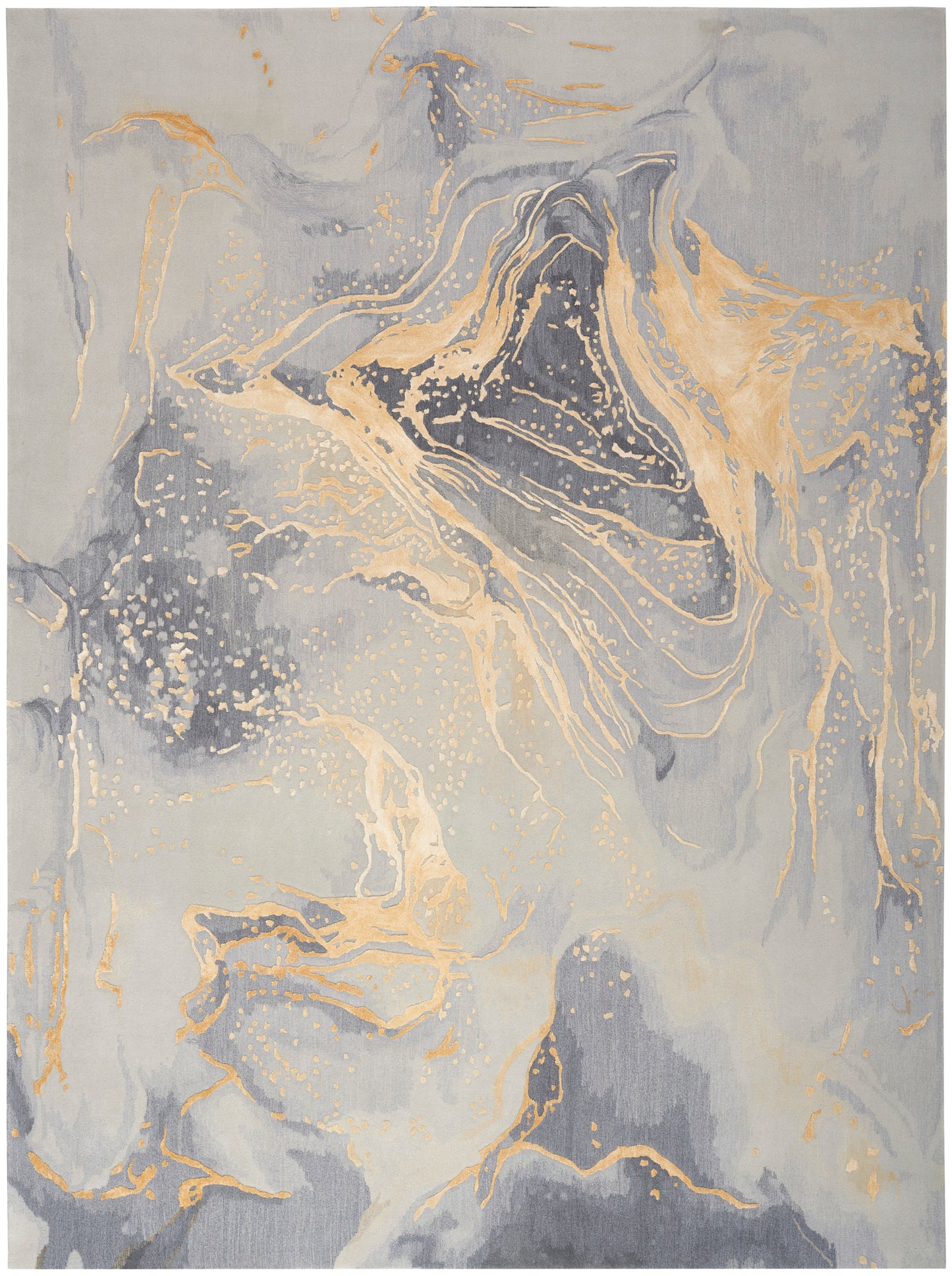 Rectangular rug with blue-gray marble pattern and metallic gold veining, modern abstract style, soft pile.