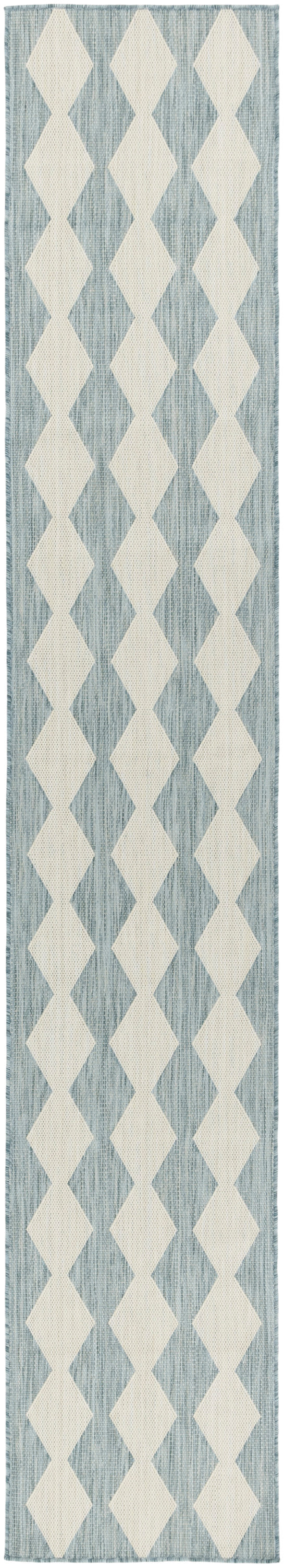 Blue-gray woven runner rug with cream diamond motif in a vertical harlequin pattern.