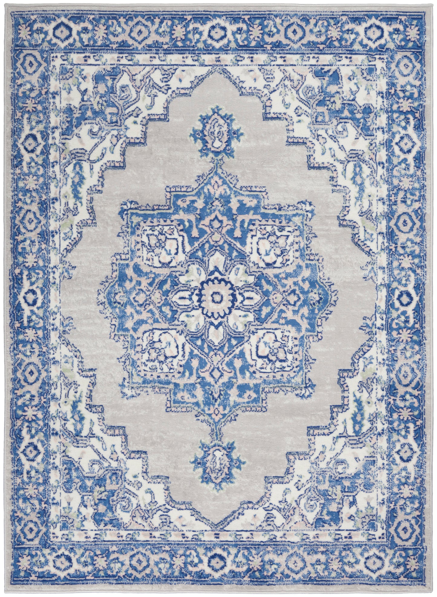 Blue and ivory oriental-style area rug with central medallion and ornate border.