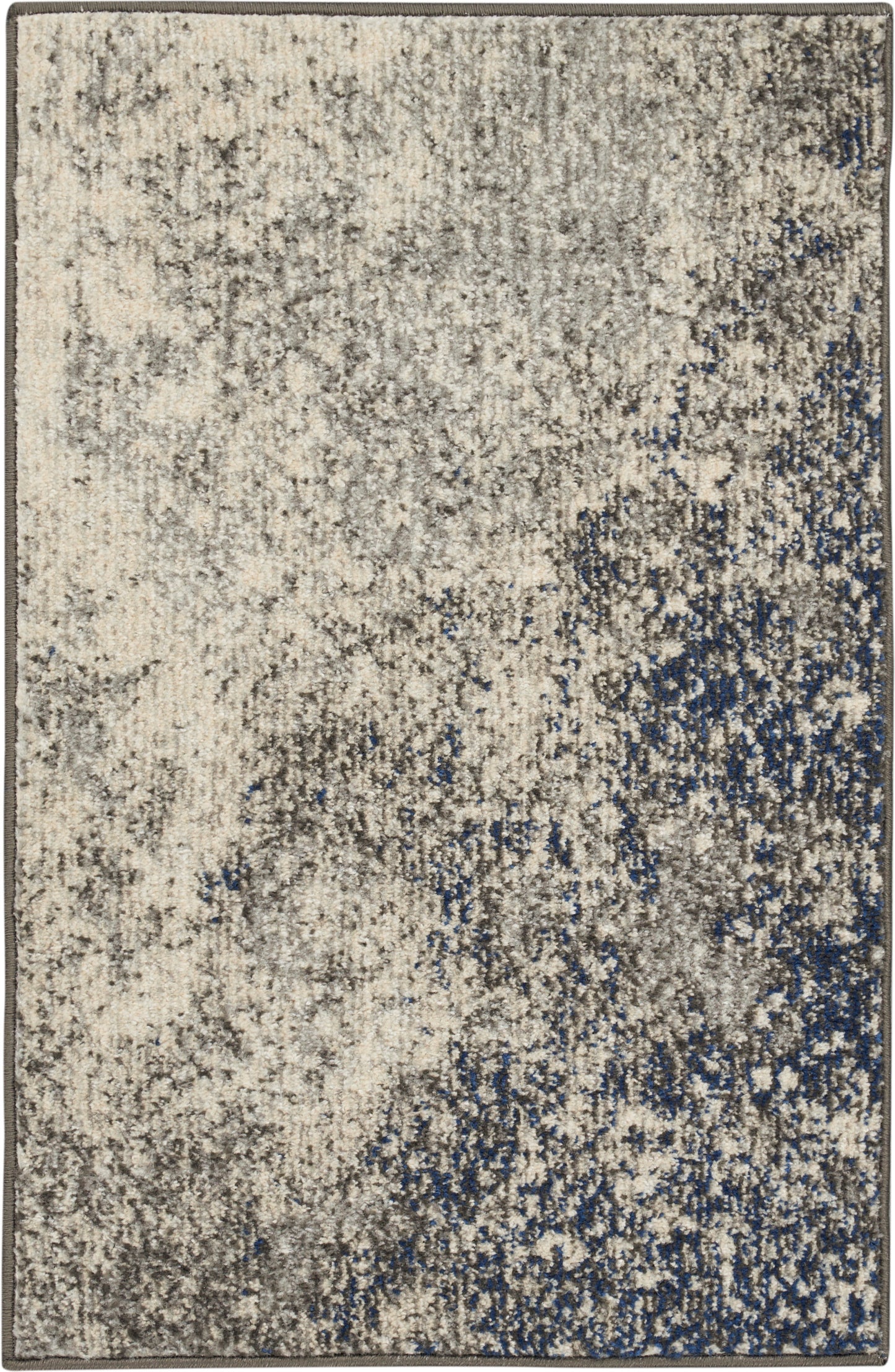 Abstract beige-gray area rug with blue highlights, plush textured pile for modern living rooms.