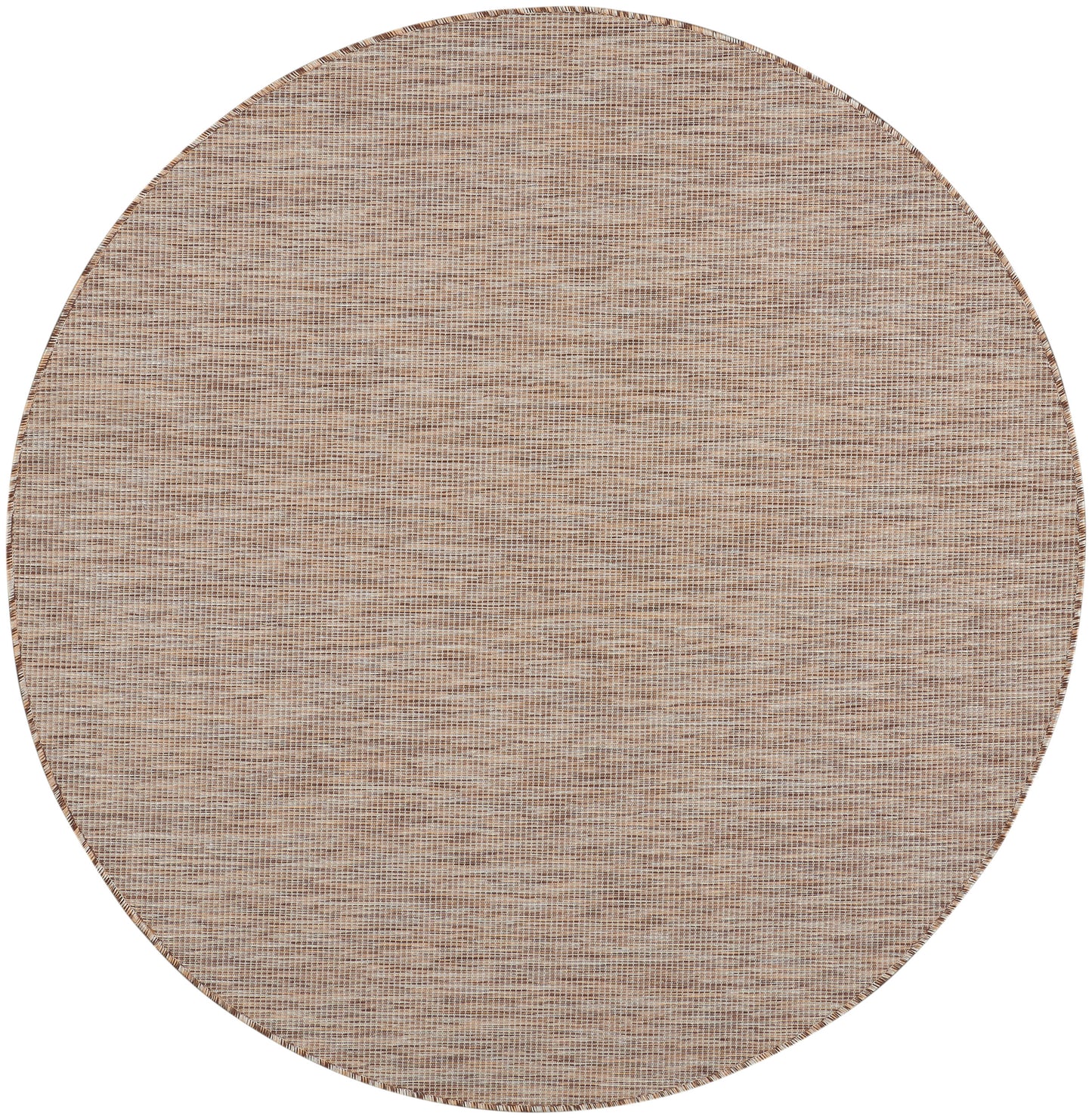 Round beige jute rug with tight woven texture, natural fibers, rustic coastal look.