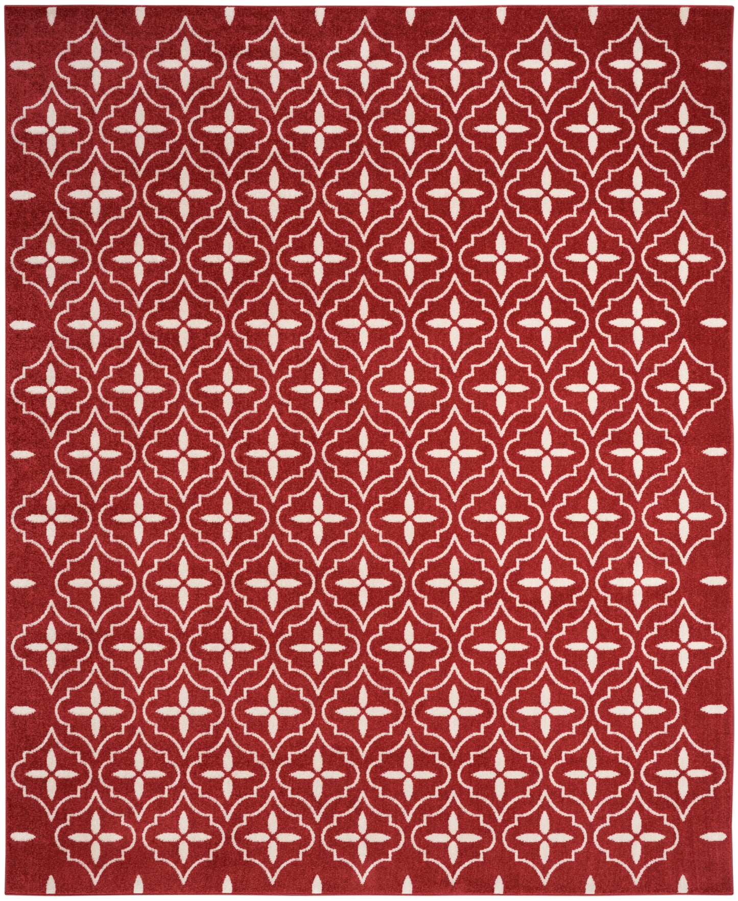 Red rectangular rug with white Moroccan trellis lattice pattern; soft pile for indoor living spaces.