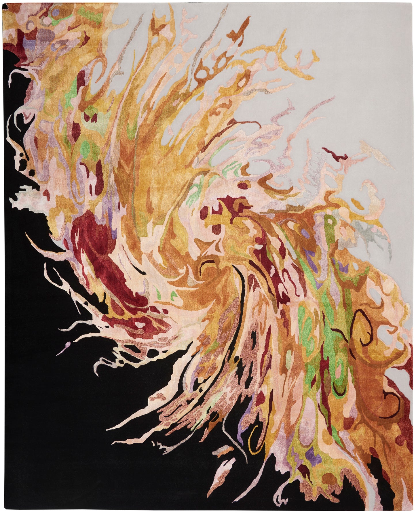Abstract wall art: swirling warm yellows, oranges, pinks and greens bursting from the left against black and light gray.