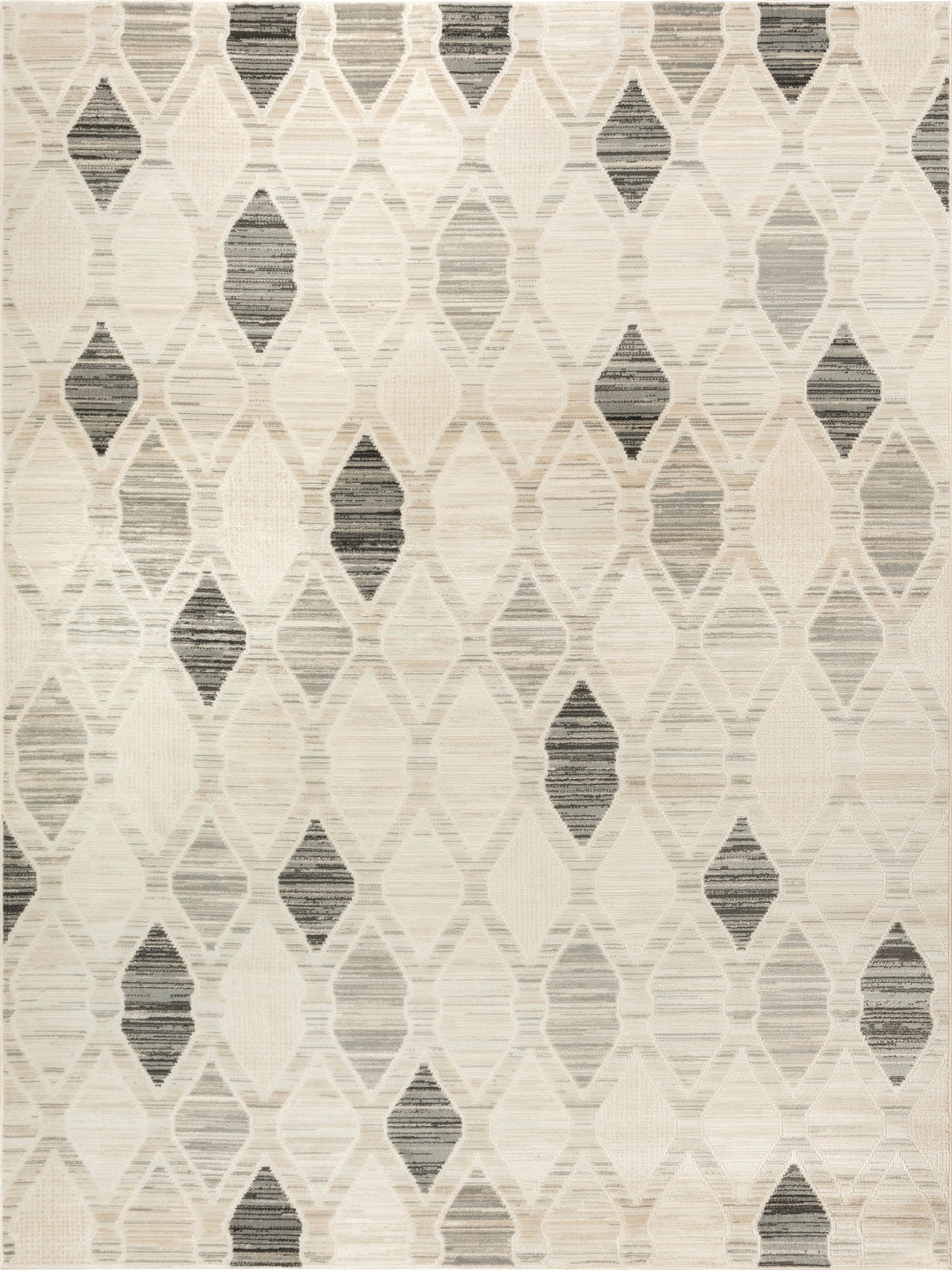 Neutral geometric rug with beige, cream and gray diamond motifs in a repeating lattice pattern.