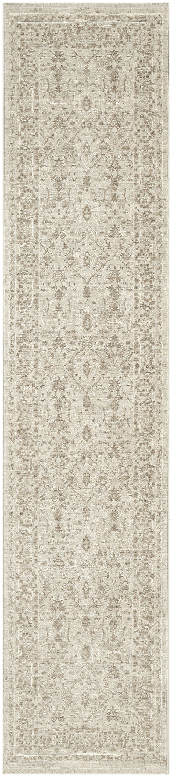 Neutral beige cream runner rug with vintage floral medallion pattern and decorative border, soft distressed look