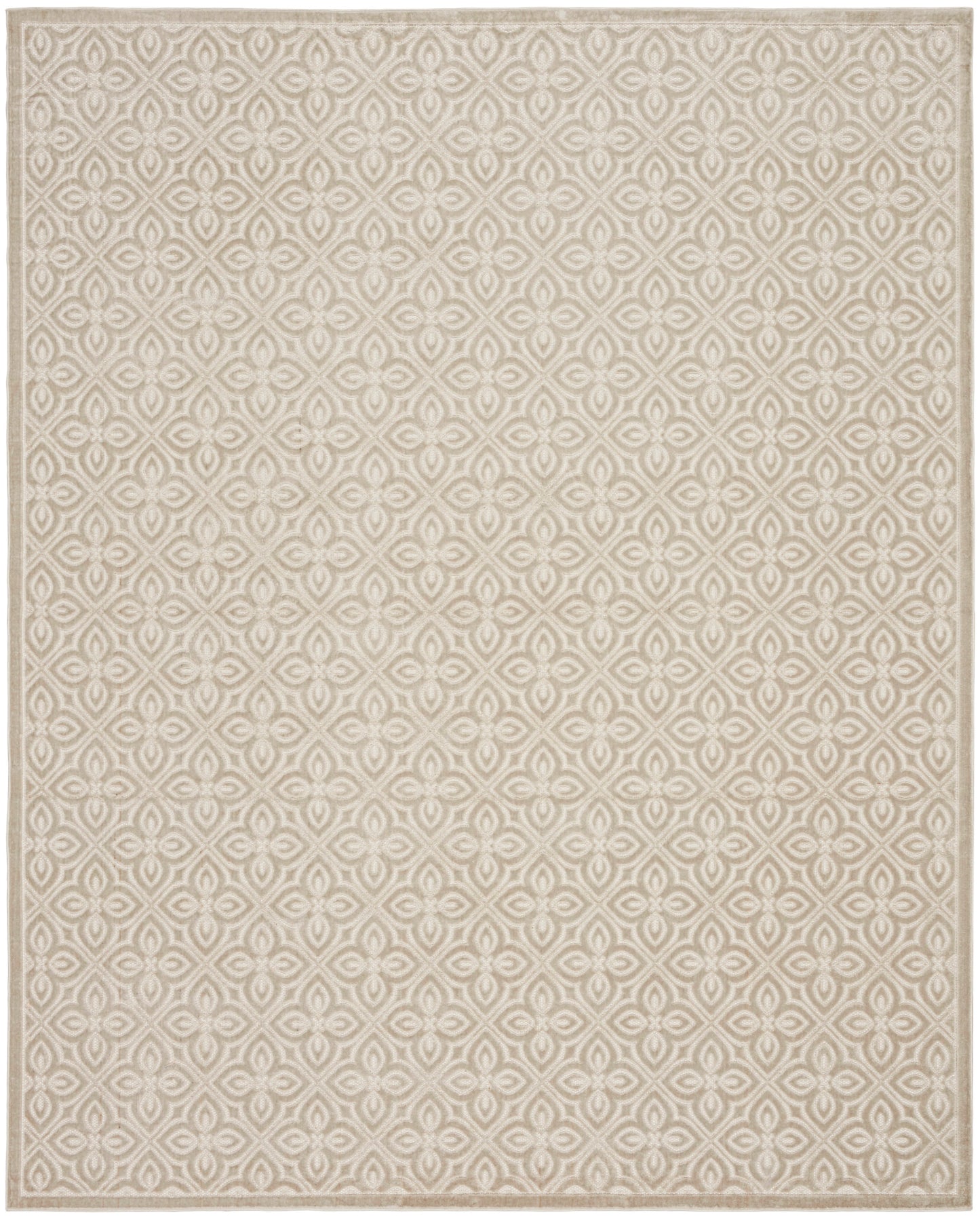 Beige area rug with an allover cream geometric quatrefoil pattern and a light border.