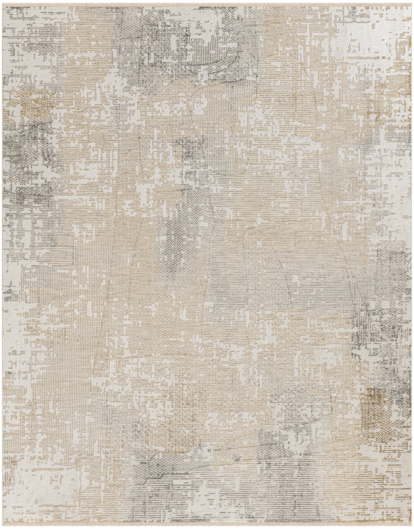 Neutral abstract distressed area rug in beige, cream & gray with patchwork pattern.