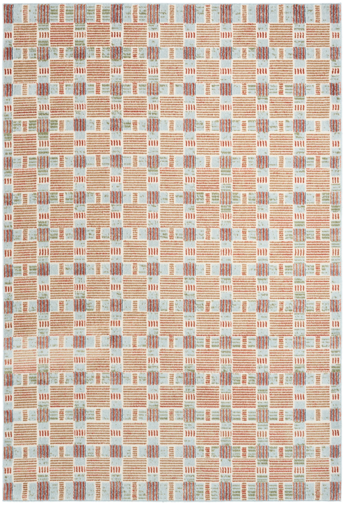 Geometric woven rug with peach and light blue blocks in a repeating grid pattern, modern contemporary style.