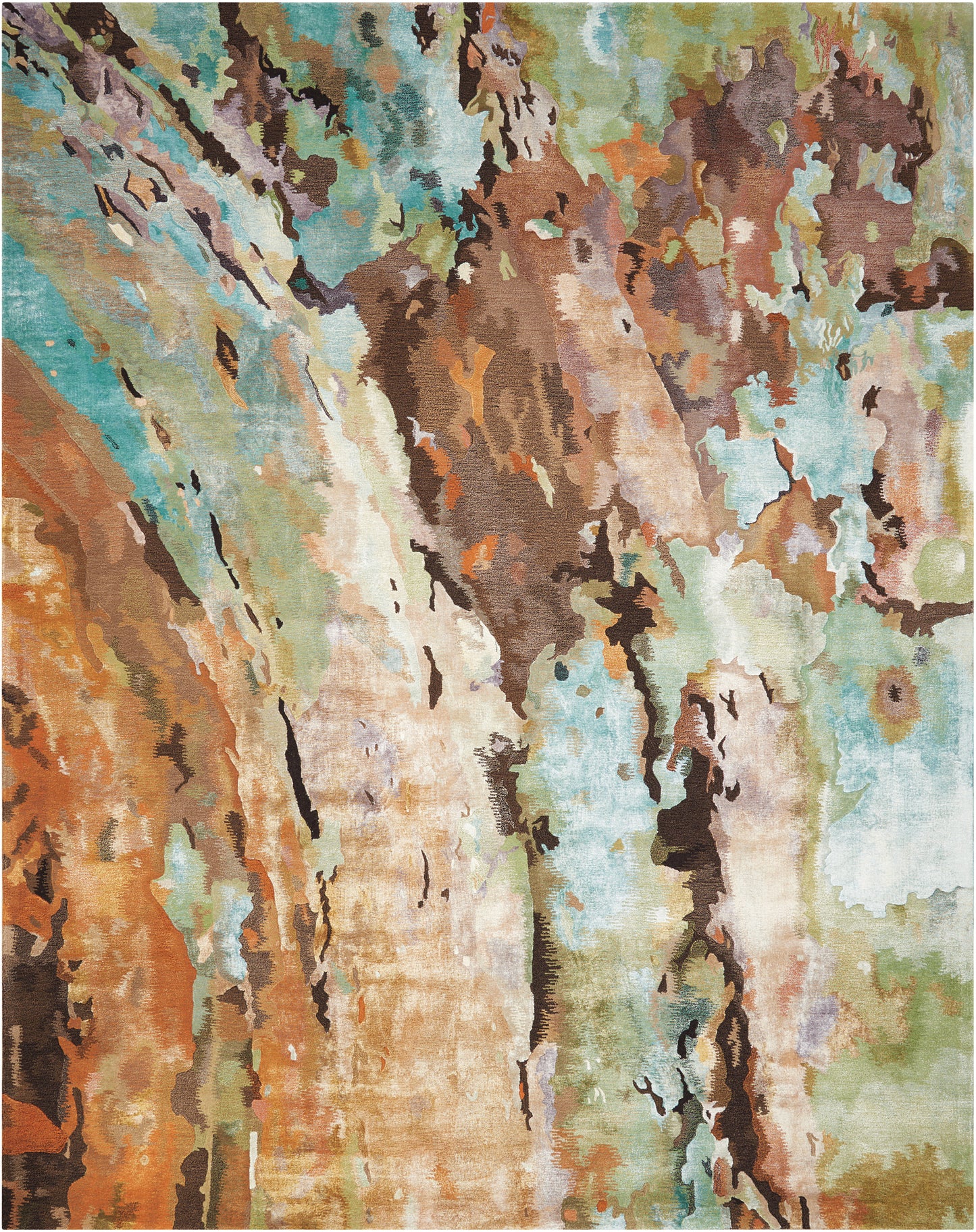 Abstract tree-bark rug in warm earthy tones - orange, teal, browns, creams; woven texture for modern rustic decor.