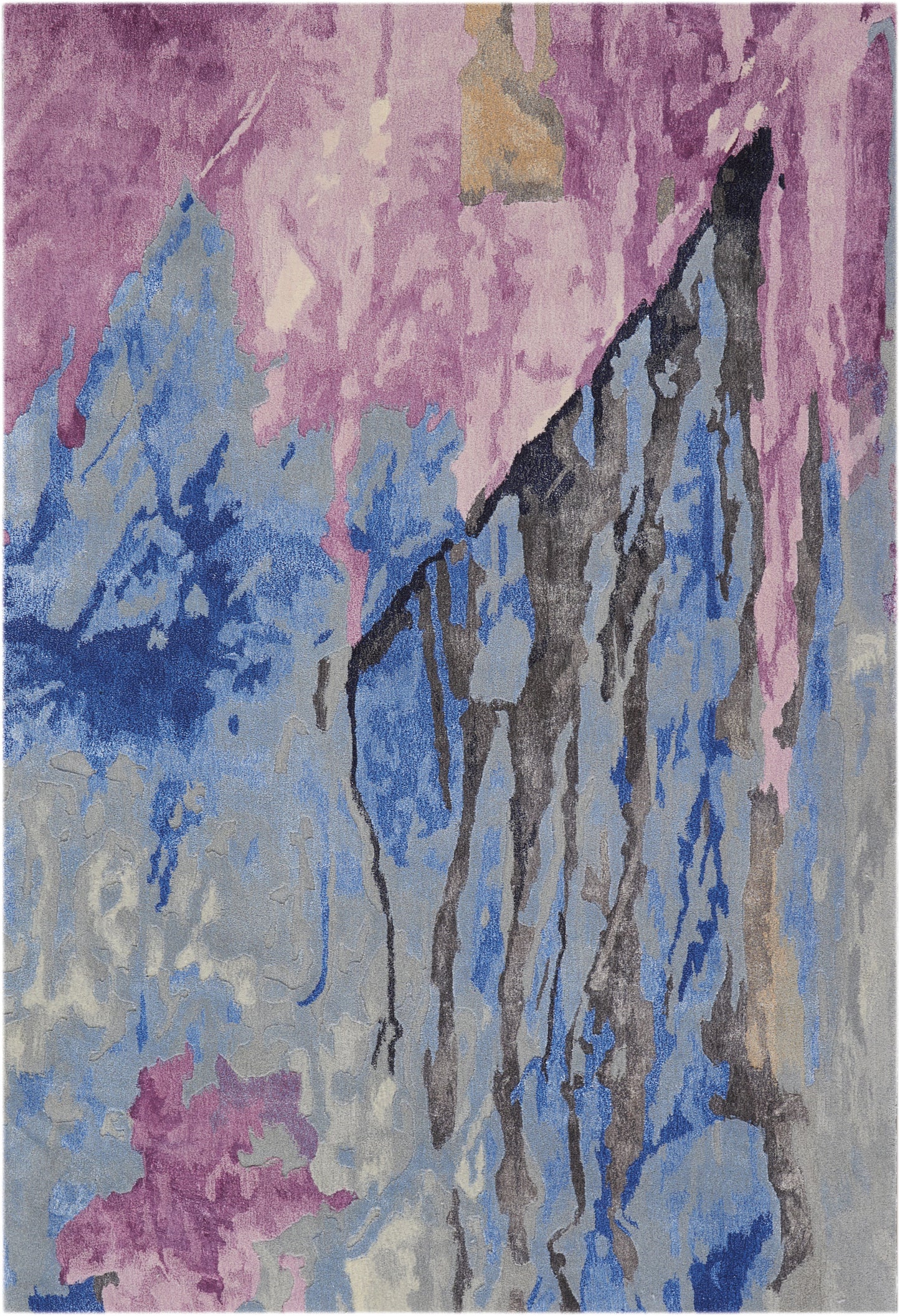 Abstract mountainous rug in pink, purple, blue and gray with bold black veining; modern decorative piece.