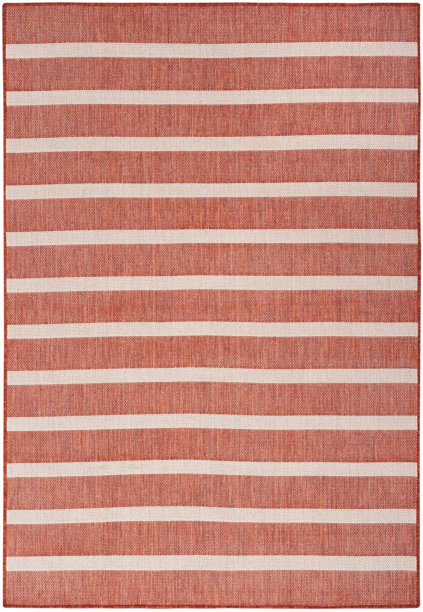 Orange woven rug with evenly spaced white horizontal stripes, rectangular living room area rug.