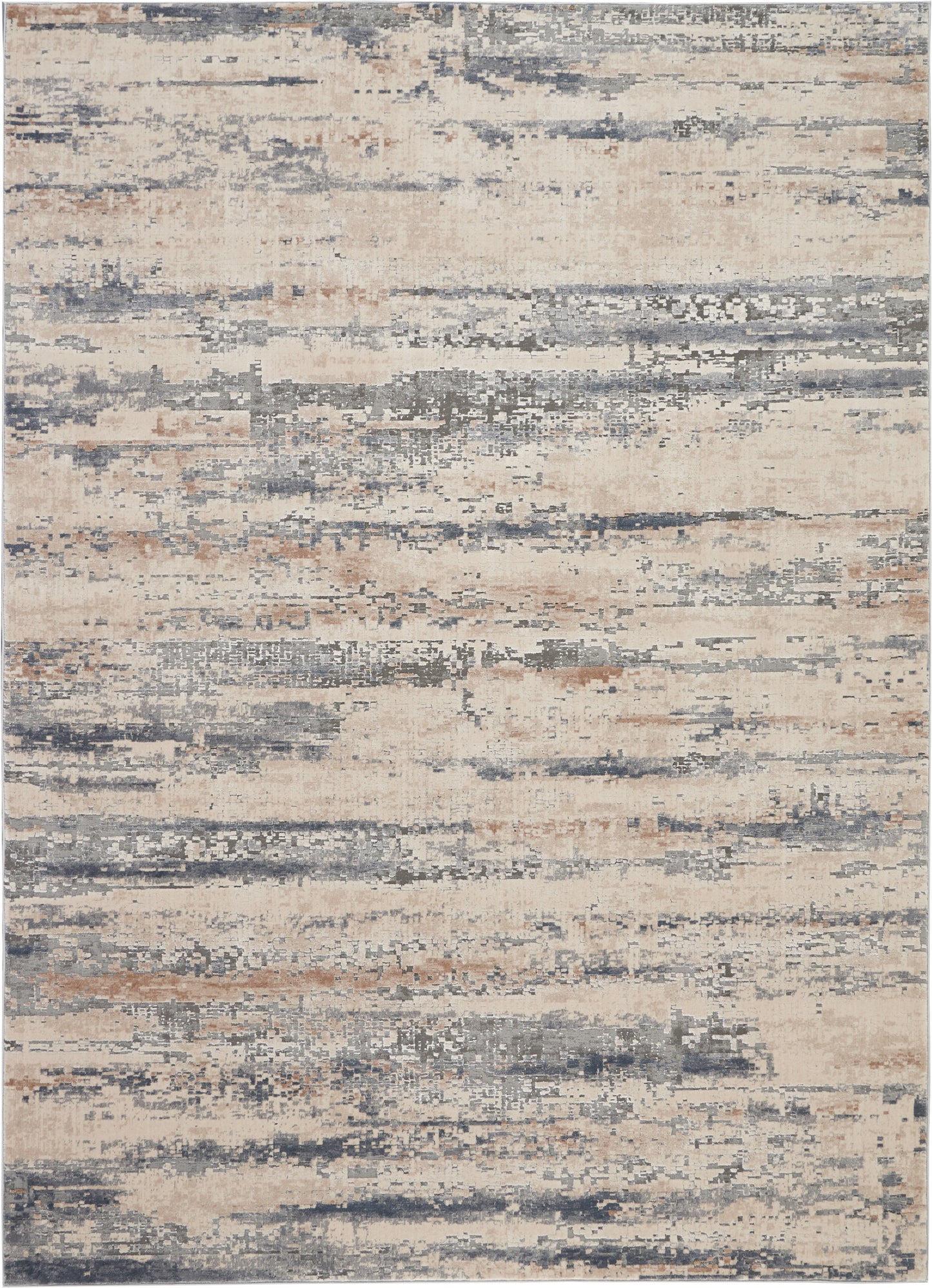 Abstract distressed beige and blue-gray area rug with horizontal brushstroke bands; contemporary decor.