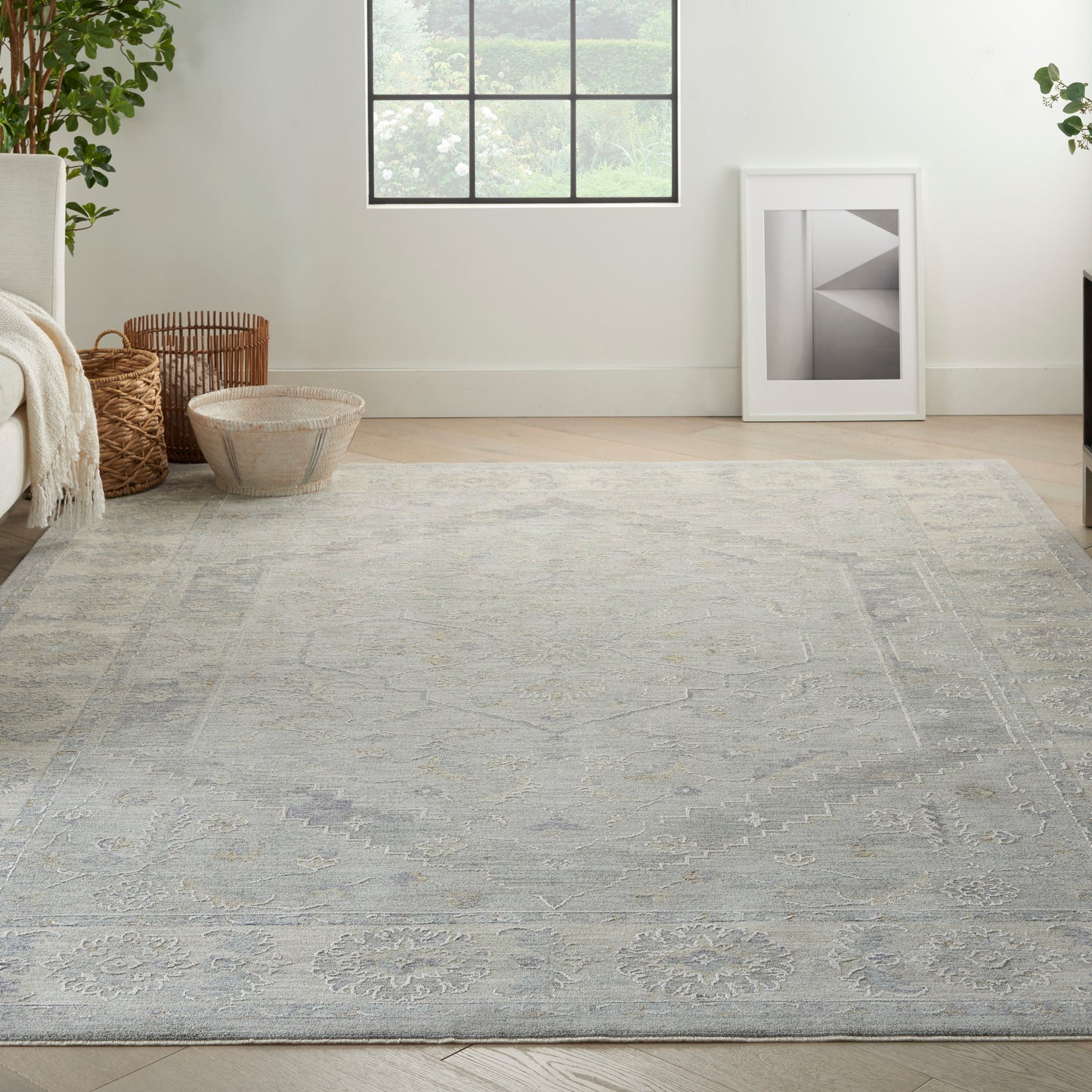 Light gray area rug with subtle medallion pattern in a bright sunlit living room with plants, wicker baskets, and framed art.