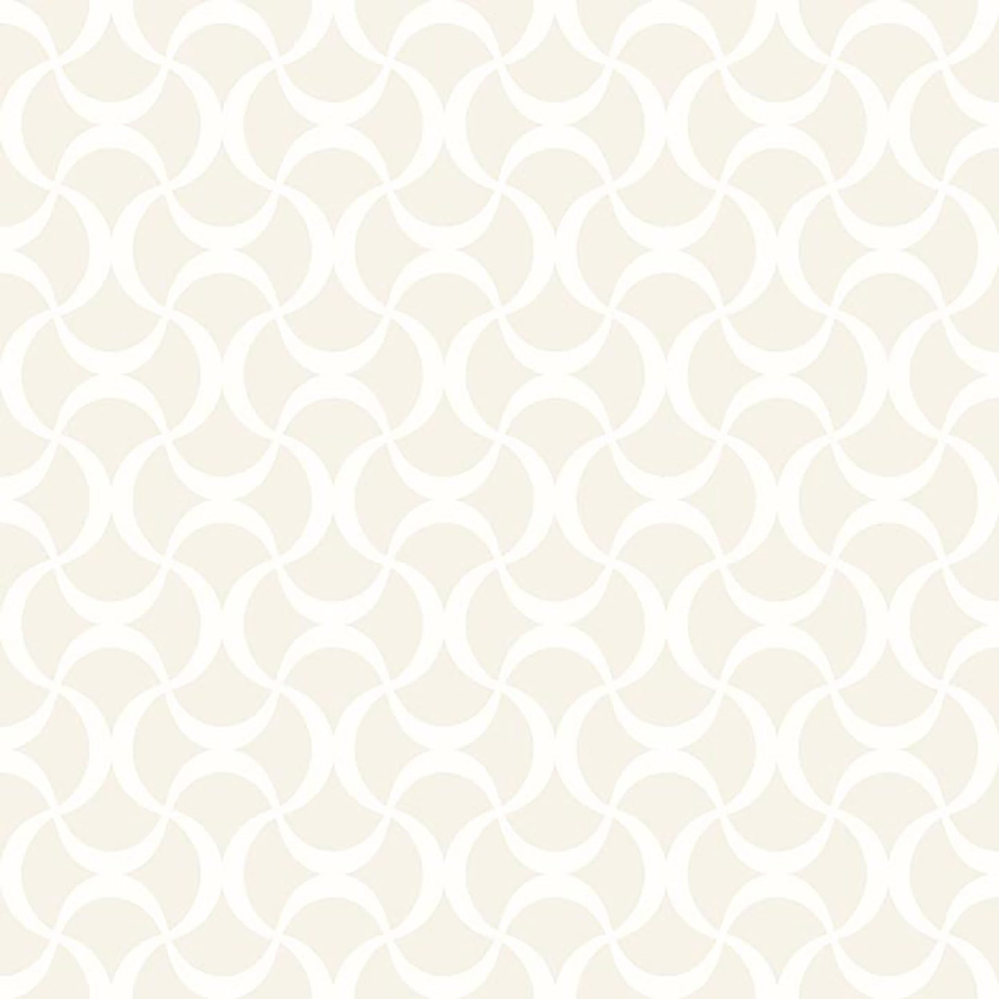 Cream-beige wallpaper with white interlocking curved-loop pattern; modern geometric damask style.