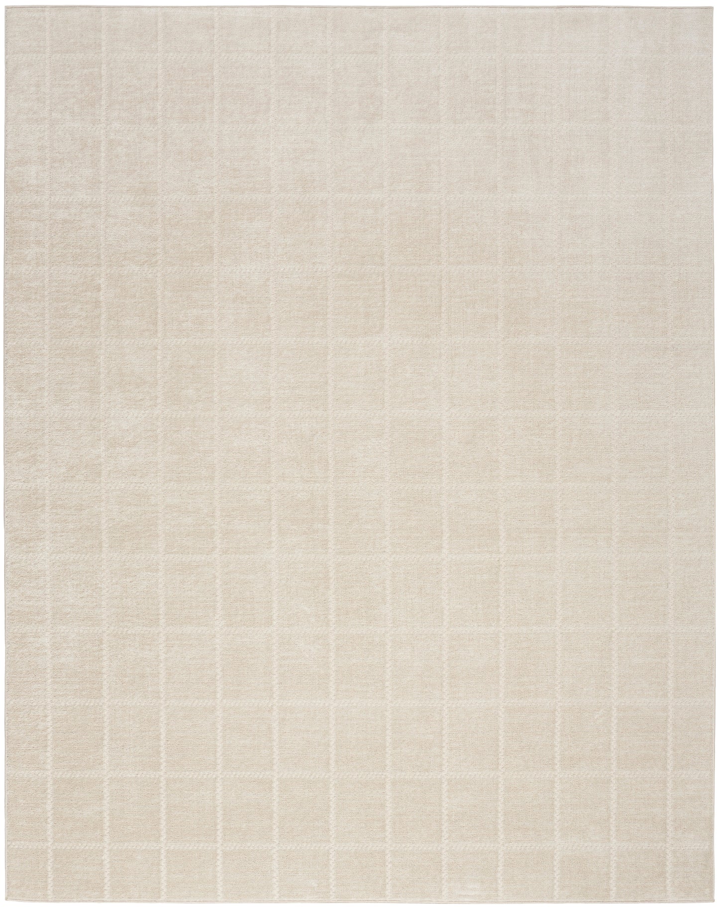 Beige woven area rug with subtle square grid pattern and neutral tone, ideal for living rooms.