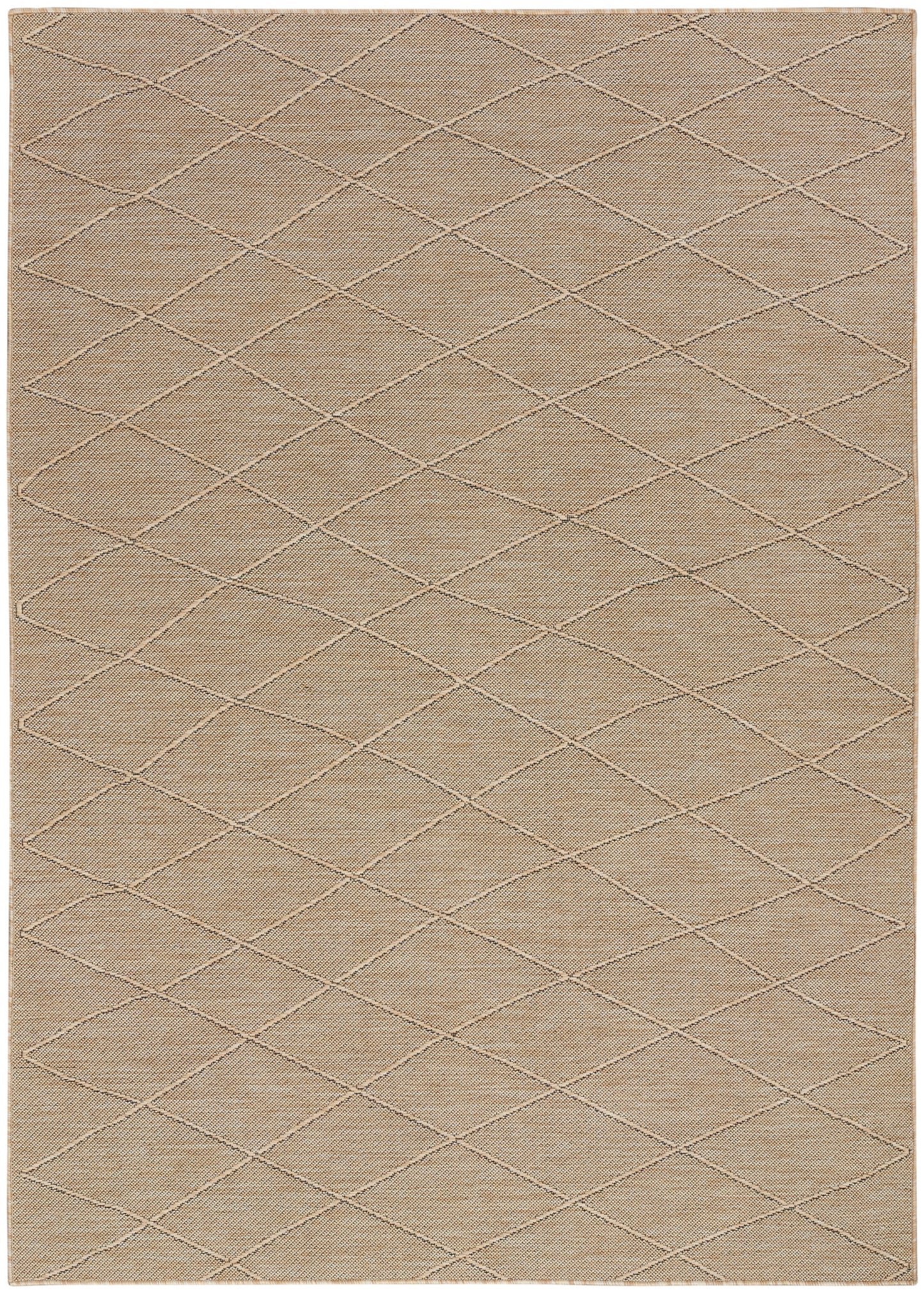 Beige rectangular woven rug with a subtle light-stitch diamond lattice pattern for a casual contemporary look.