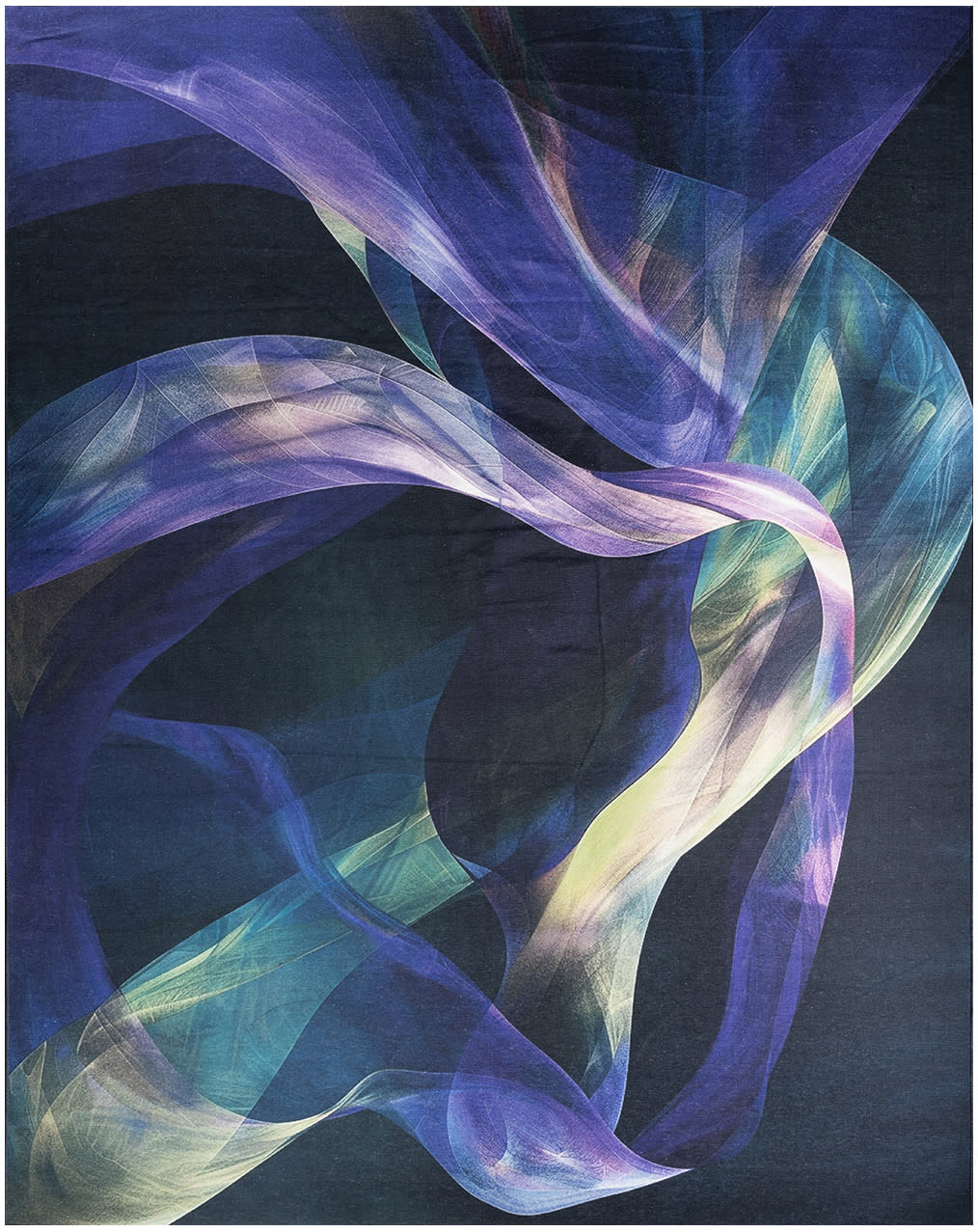 Abstract wall art featuring translucent ribbons in purple, blue and teal twisting across a dark background.