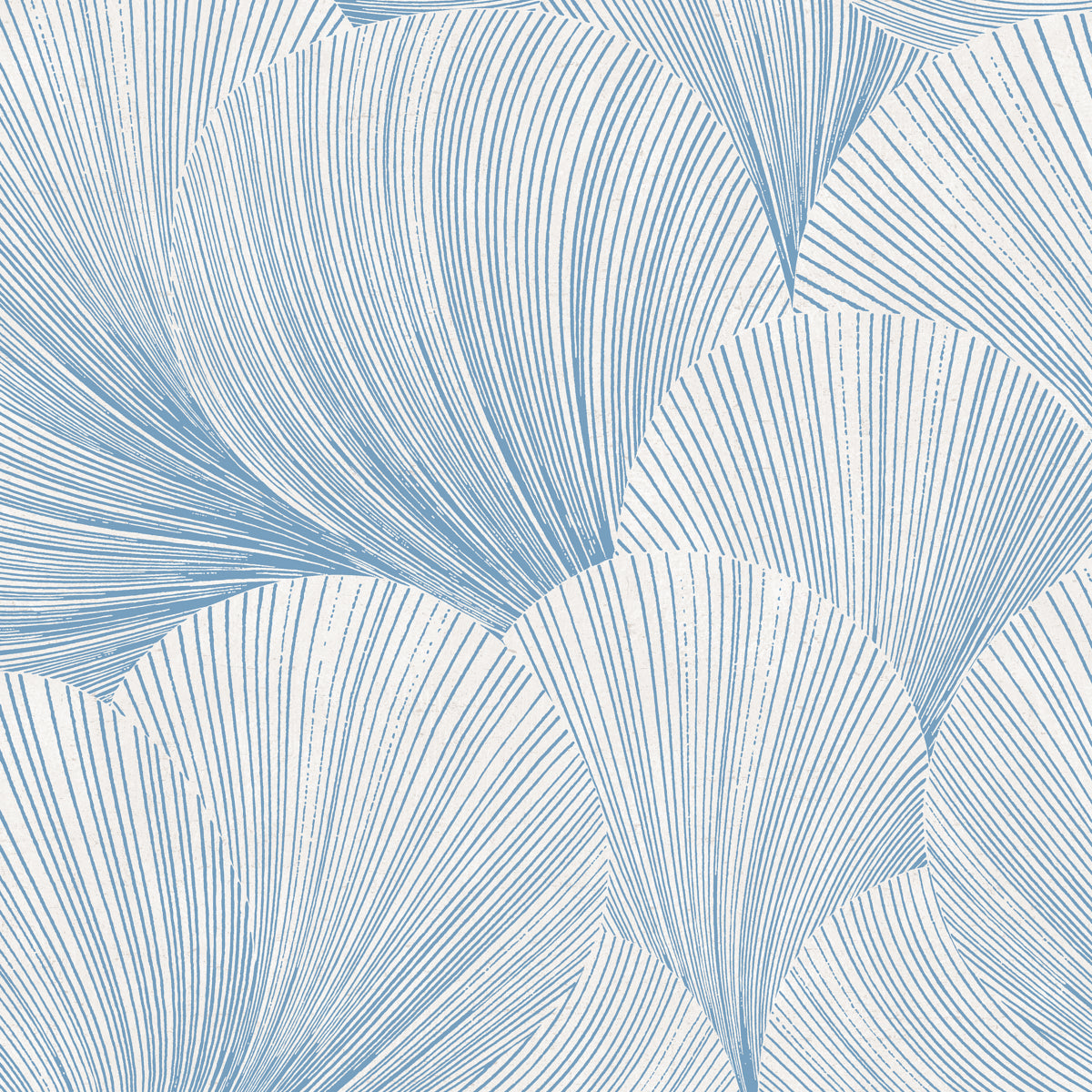 Blue & white scallop fan pattern wallpaper with fine radial lines and overlapping shells, coastal geometric style.