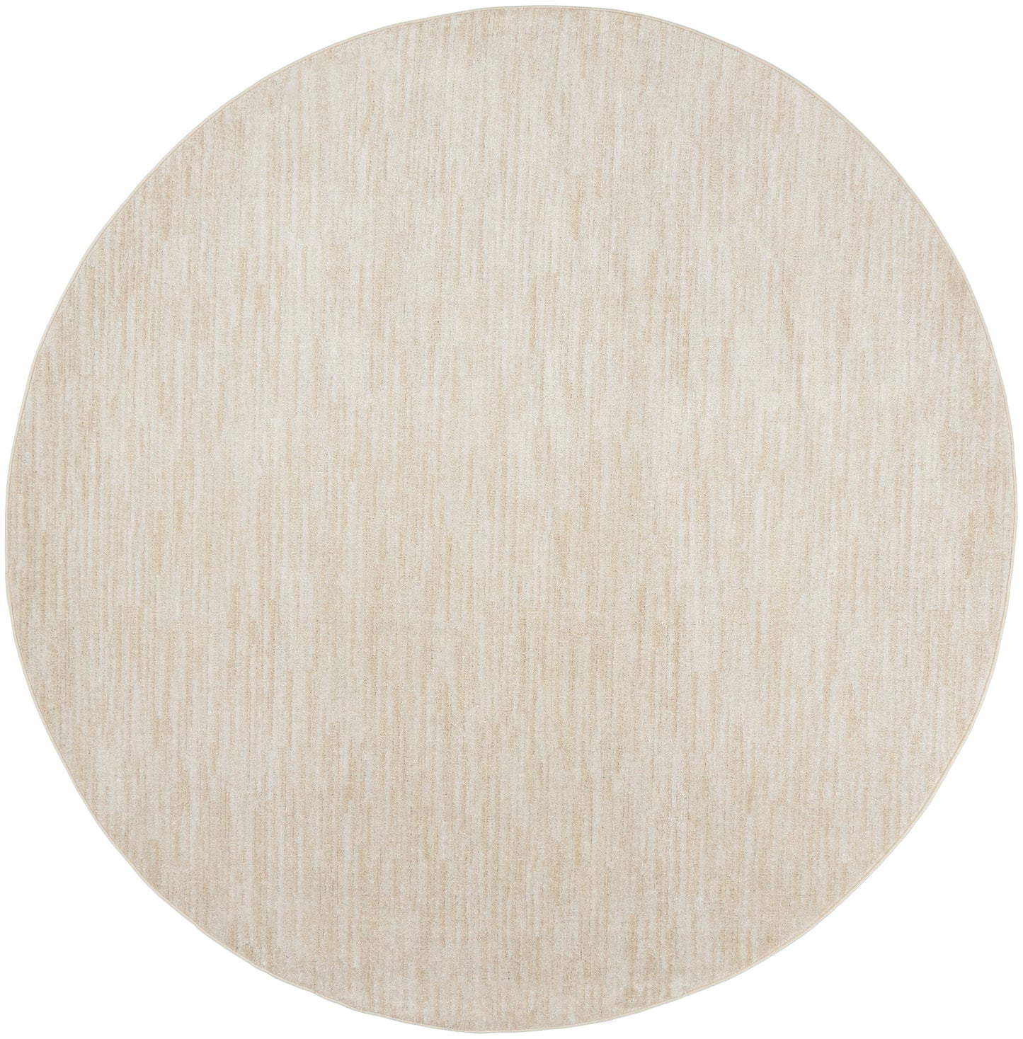 Beige outdoor round rug with subtle vertical texture; neutral color for patio or outdoor decor.