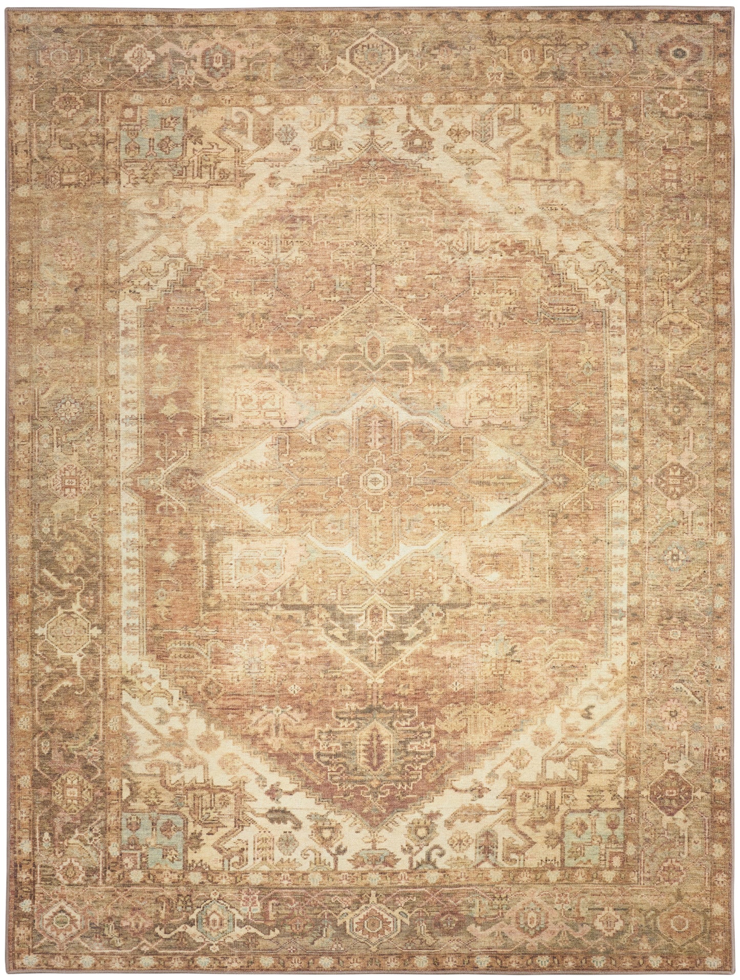 Distressed vintage Persian-inspired area rug in warm beige, cream and rust with a central diamond medallion and ornate border.