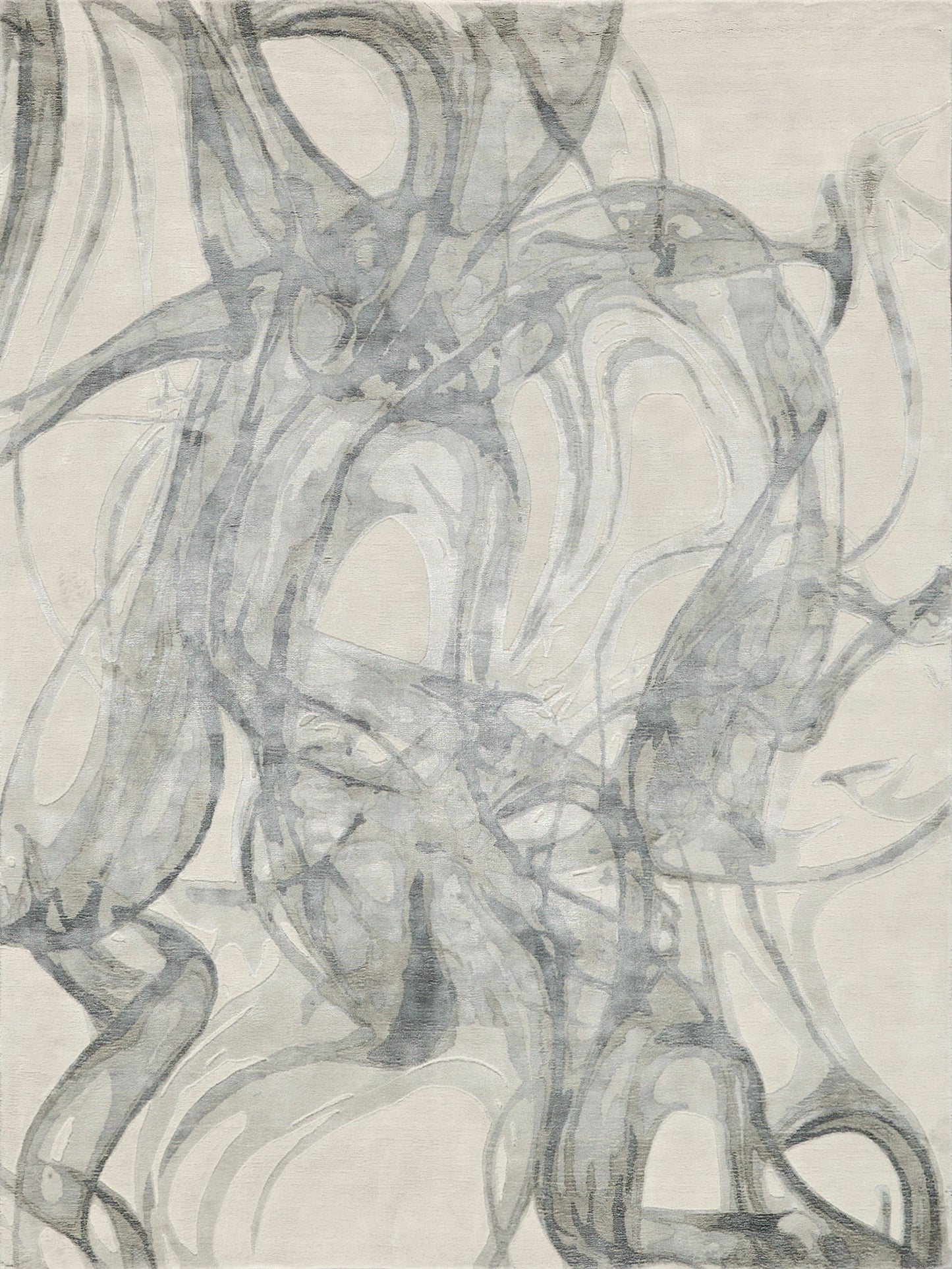 Abstract area rug featuring swirling gray tones on a light beige background, with a modern artistic design.